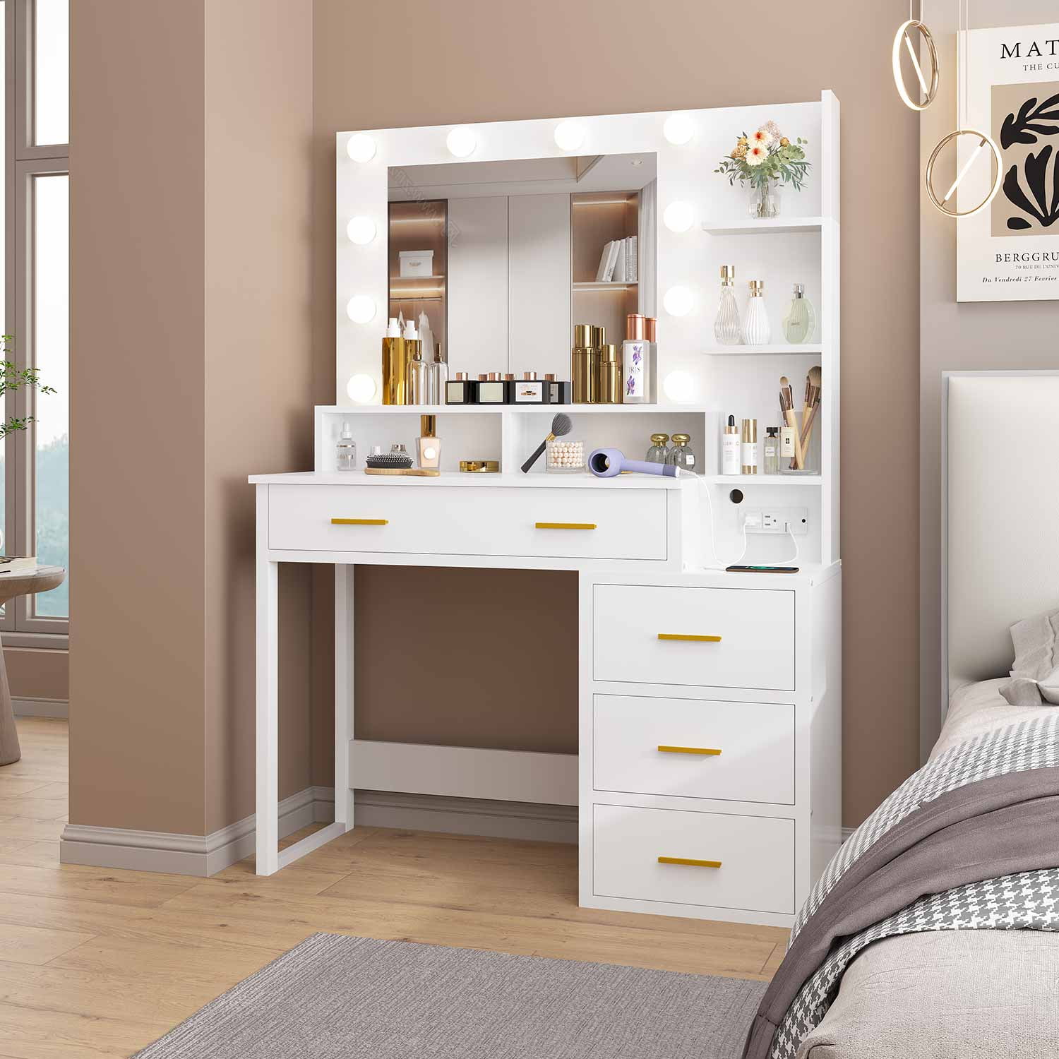 Afuhokles White Vanity with 10 Light Bulbs, Modern Vanity Desk with Mirror and 3 Lighting Modes, 2 USB Ports and Outlets, Makeup Desk with Storage Shelves and Drawers