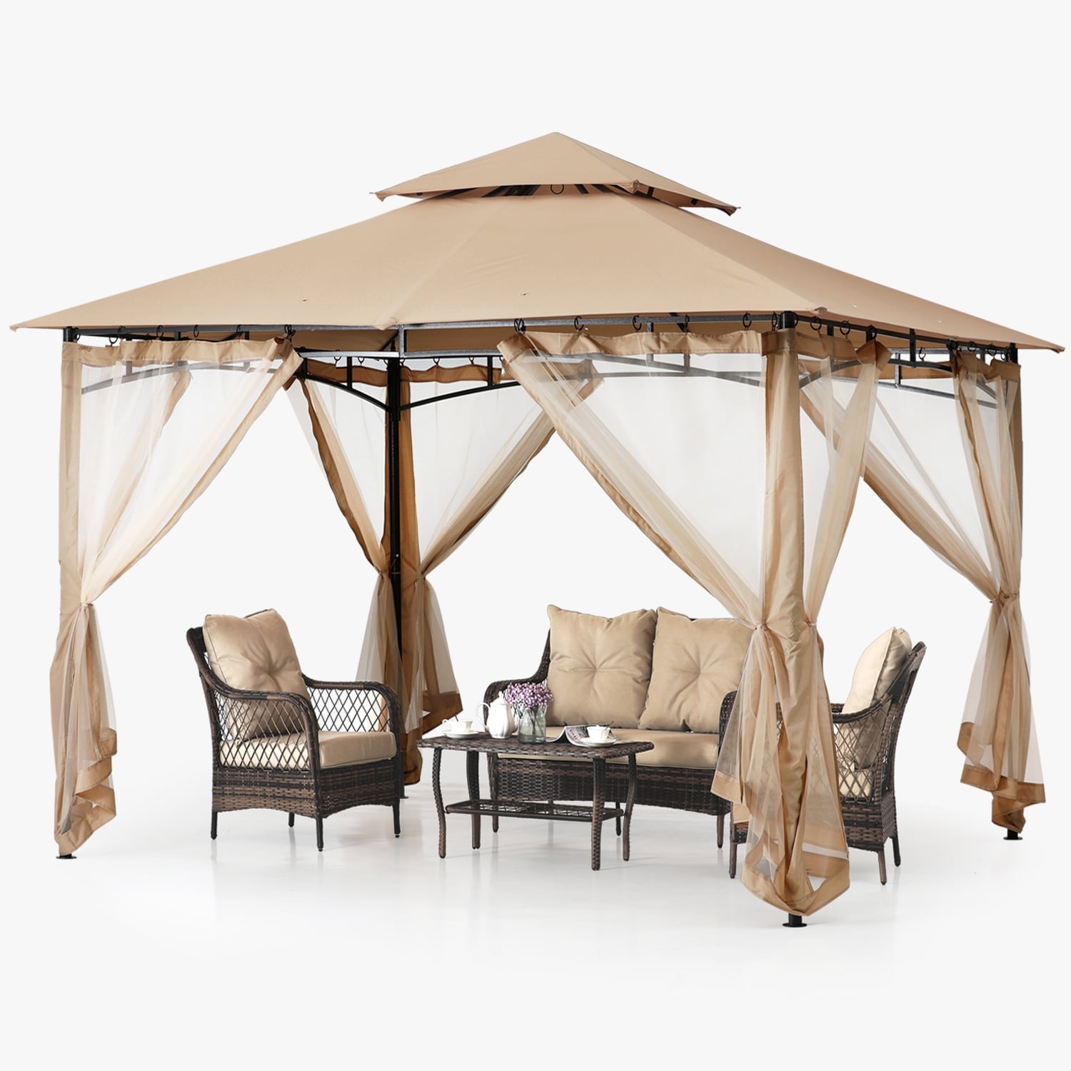 ABCCANOPY 9'x9' Patio Gazebo With Mosquito Netting and Double Soft Roof Canopies for Shade and Rain,Khaki