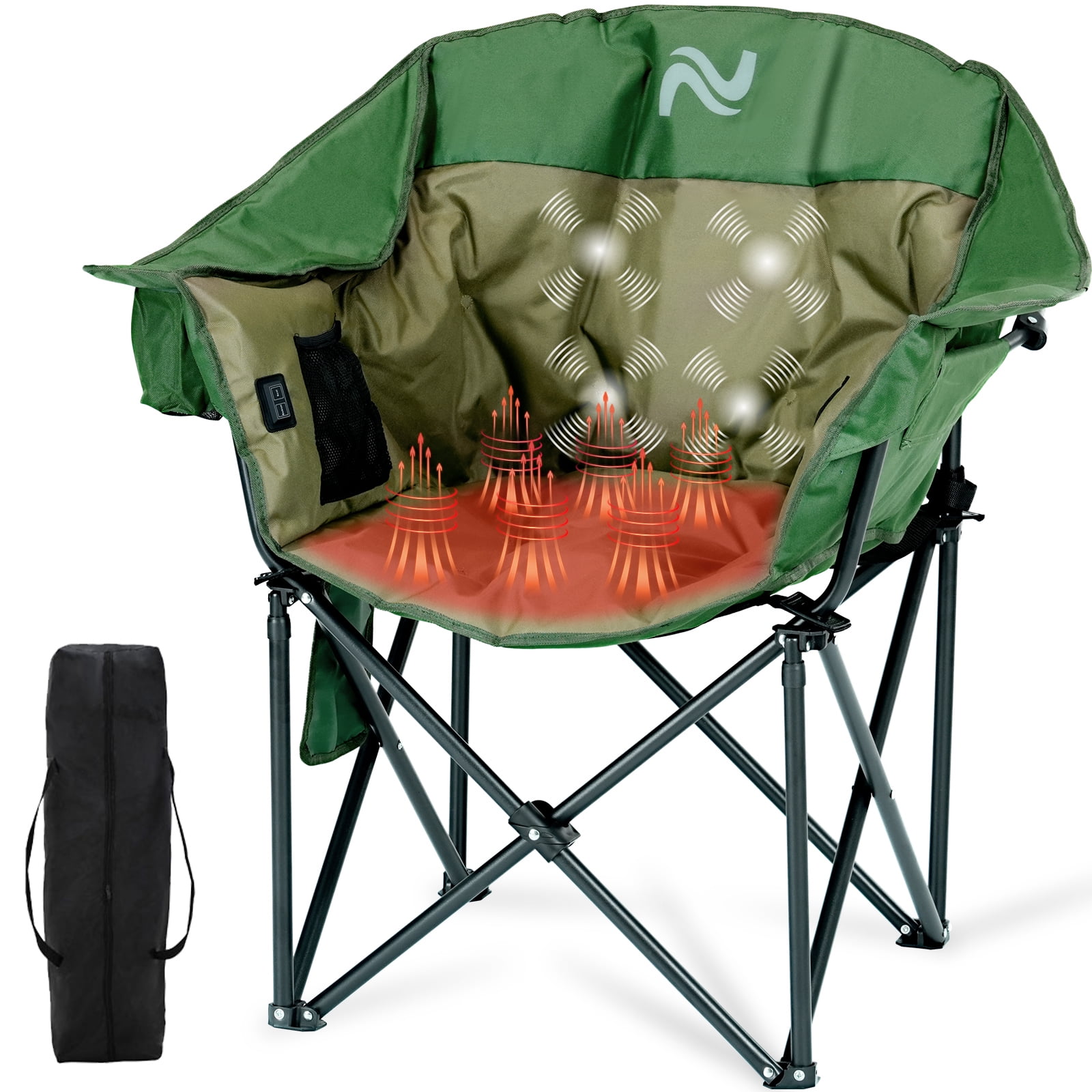 ABORON Padded Heated Massage Camping Chair Adult, Outdoor Folding Chair with 3 Heat Level & Back Massage, Heated Patio Chair Portable Heavy Duty Arm Chair, Support Up to 400lbs, Battery NOT Included