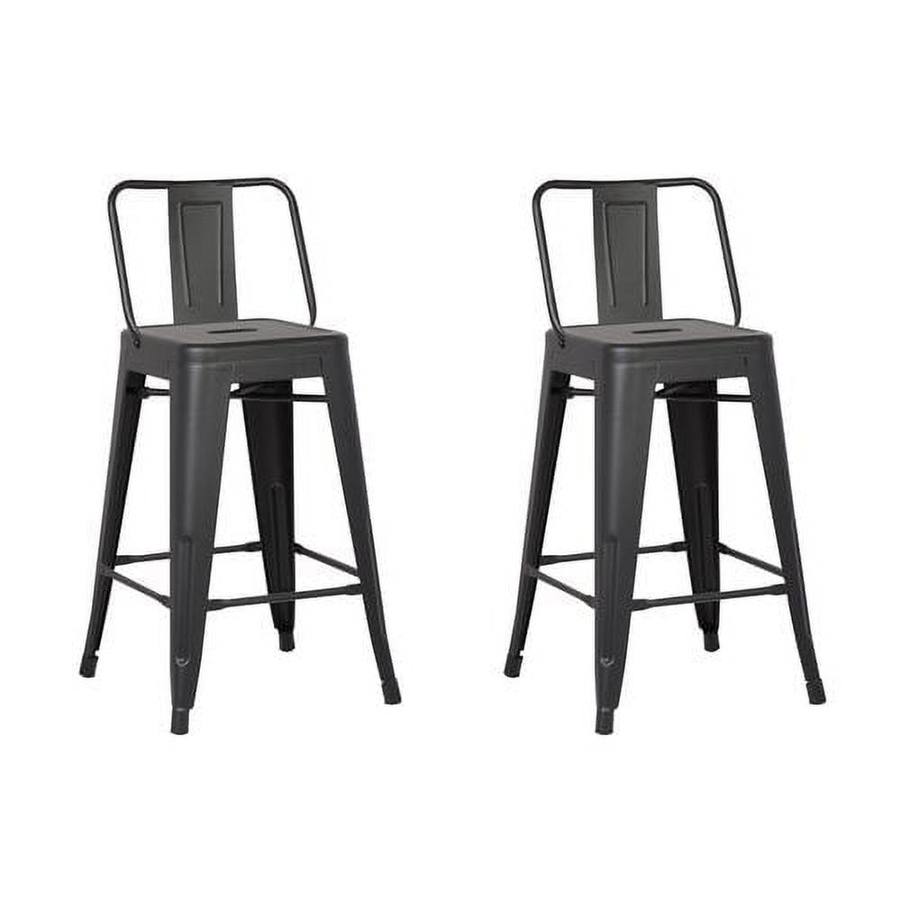 AC Pacific Distressed Metal 24" Barstool with Back, Set of 2, Matte Black