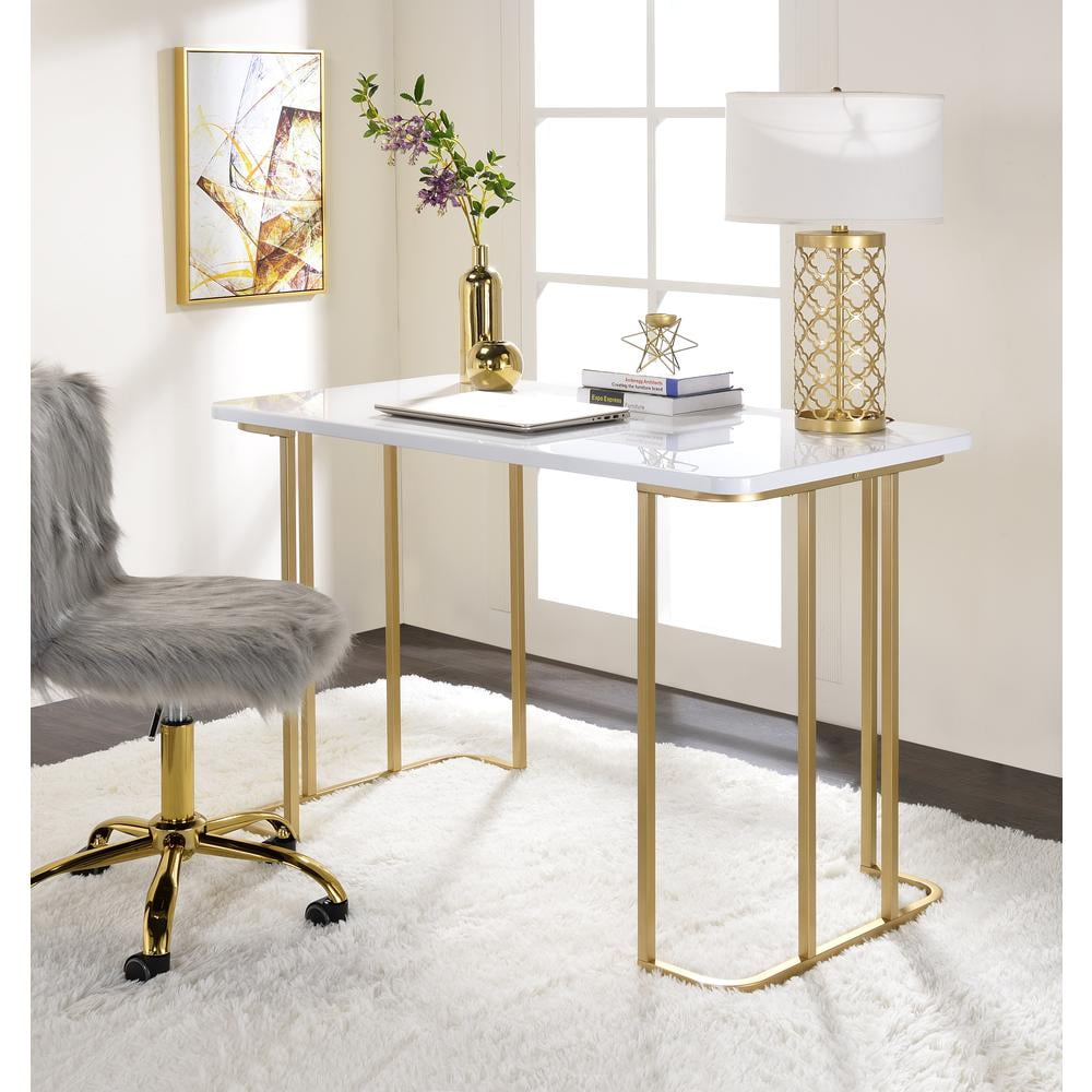 ACME Estie Wooden Top Writing Desk with Metal Sled Base in White and Gold