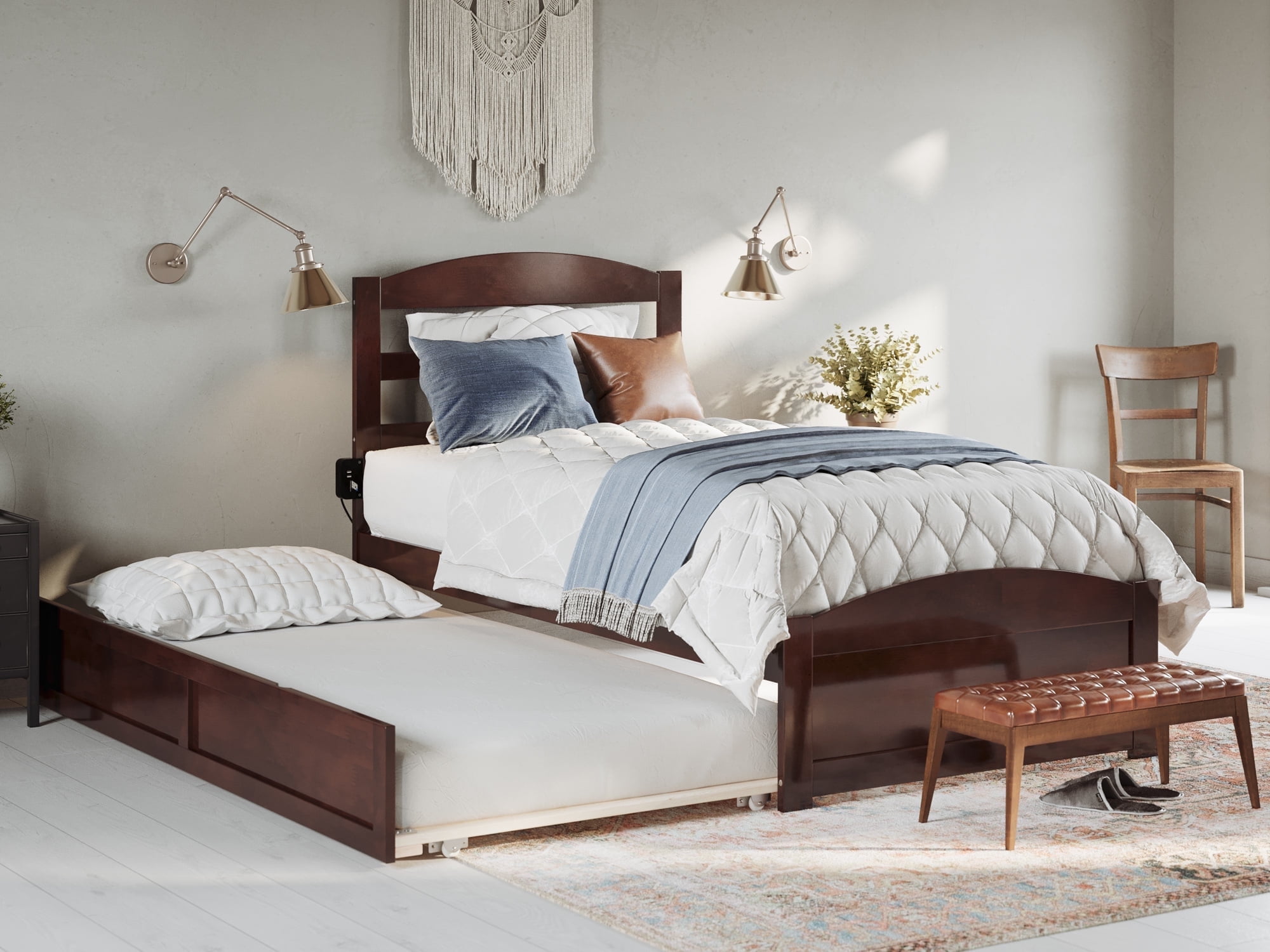 AFI Warren Twin Wood Platform Bed with Headboard Footboard & Twin Trundle, Walnut