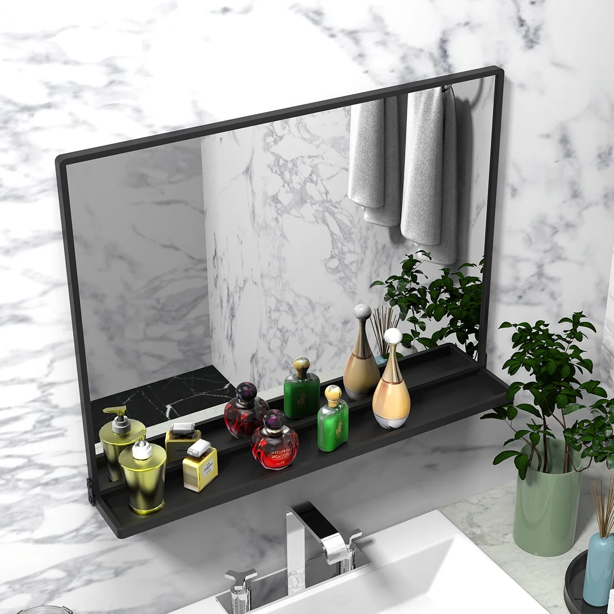 ANYHI Rectangular Bathroom and Living Room Metal Wall Mirror with Shelf, Metal Wall Mirror with Shelf,32"*4.7"*24.4"