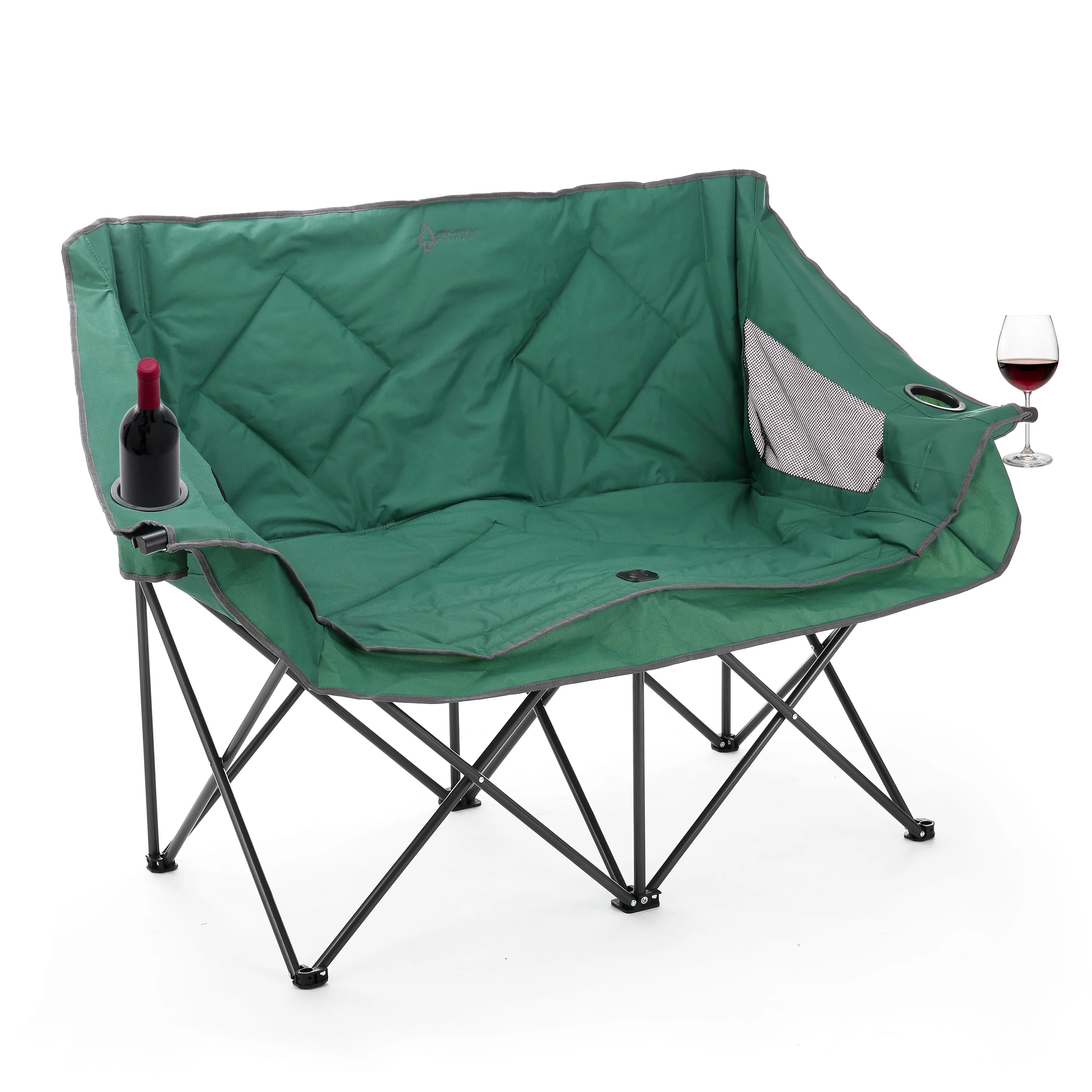 ARROWHEAD OUTDOOR Portable Folding Double Duo Camping Chair Loveseat w/ 2 Cup & Wine Glass Holder, Heavy-Duty Carrying Bag, Padded Seats & Armrests, Supports up to 500lbs, USA-Based Support (Green)