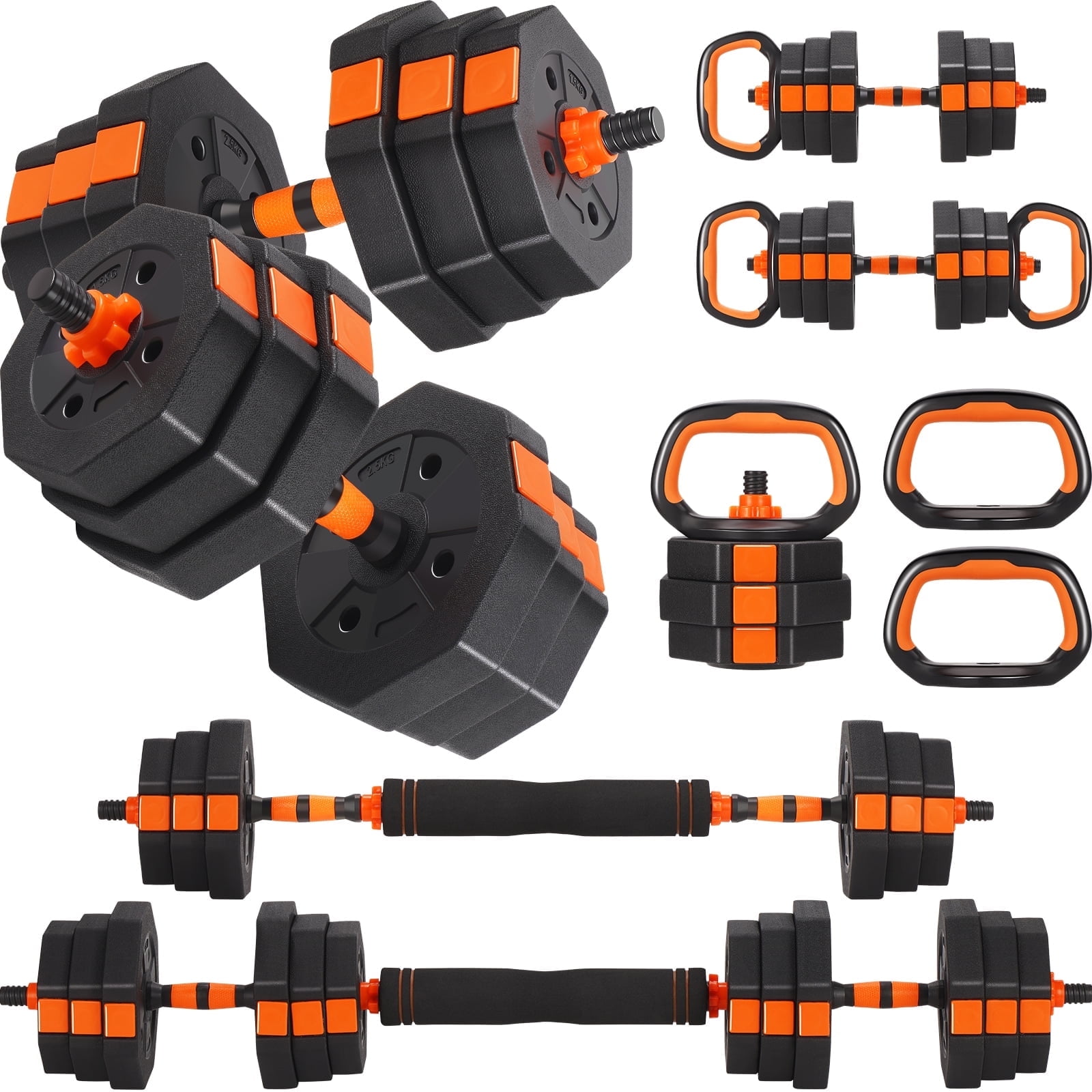 ARVAKOR 66Lbs Adjustable Dumbbell Set – Octagonal Anti-Roll Design, Non-Slip Grip, Versatile Weights with Barbell, Kettlebell, Push-Up Options, Orange