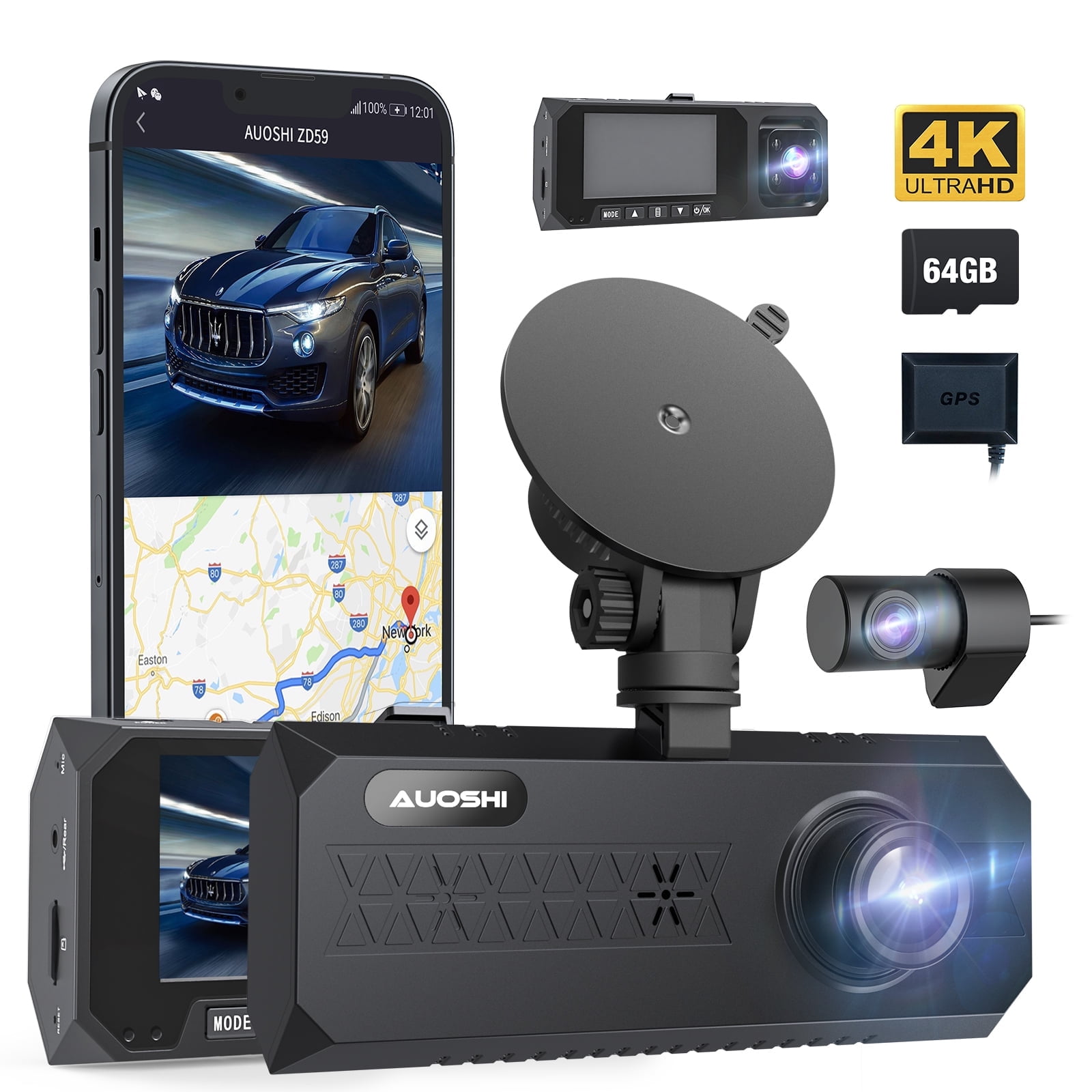 AUOSHI 3 Channel Dash Cam Front and Rear, 4K/2.5K + 1080P Premium Car Camera for Cars with Wi-Fi GPS, Night Vision, 3.16" IPS Touchscreen, 24H Parking Mode, WDR, Type-C, 64GB SD Card Included