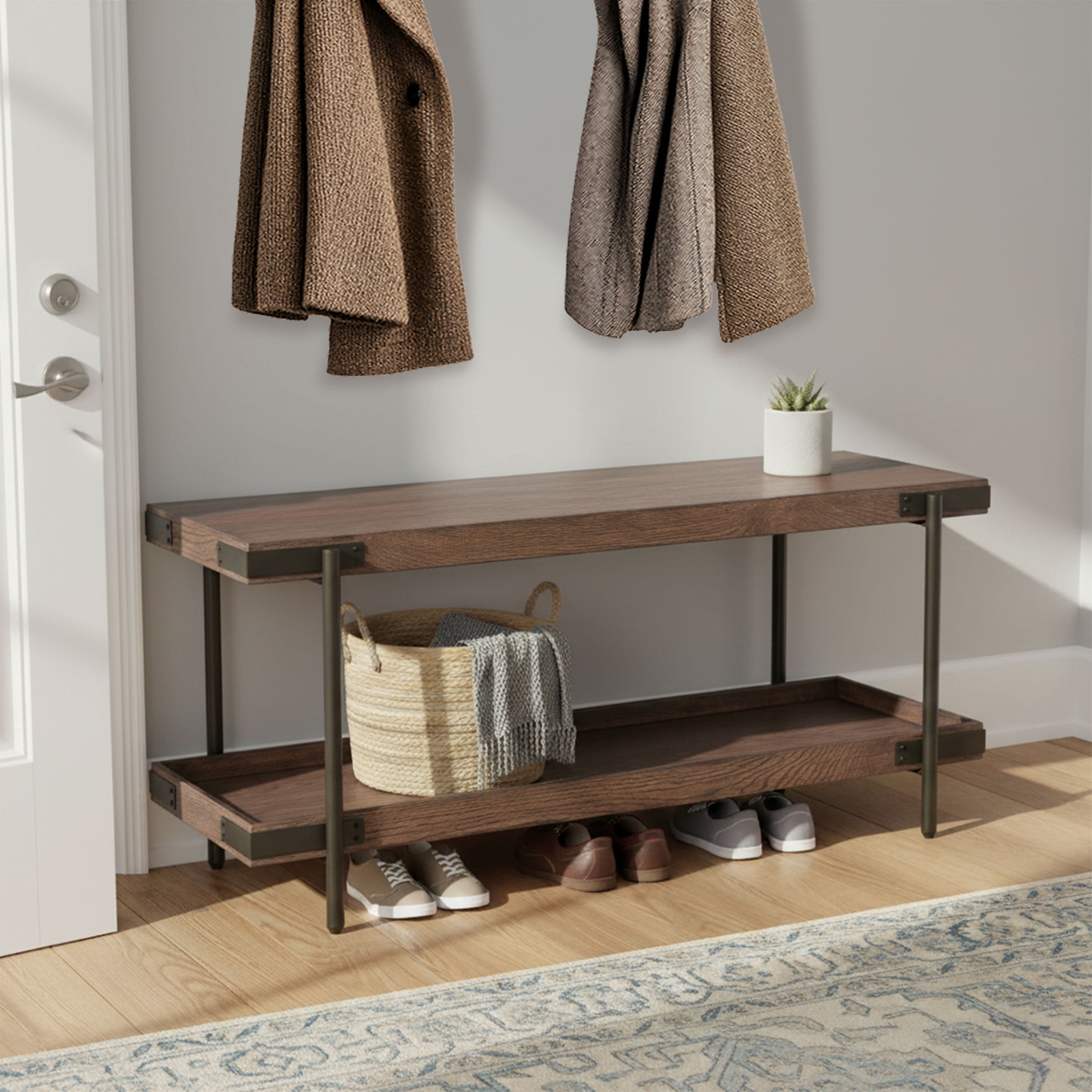 Kyra 42 in. L Oak and Metal Entryway Bench with Lower Shelf - Rustic Industrial Style, Solid Wood Top, Metal Legs, Ideal for Dining Area, Living Room, Mudroom