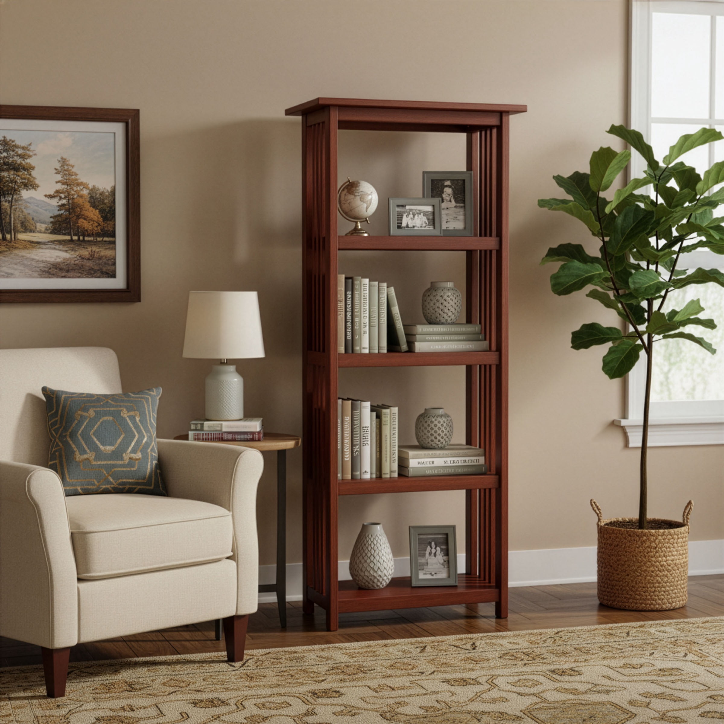 Mission 60-Inch Tall Wood Bookcase – 4-Tier Bookshelf with 2 Adjustable Shelves