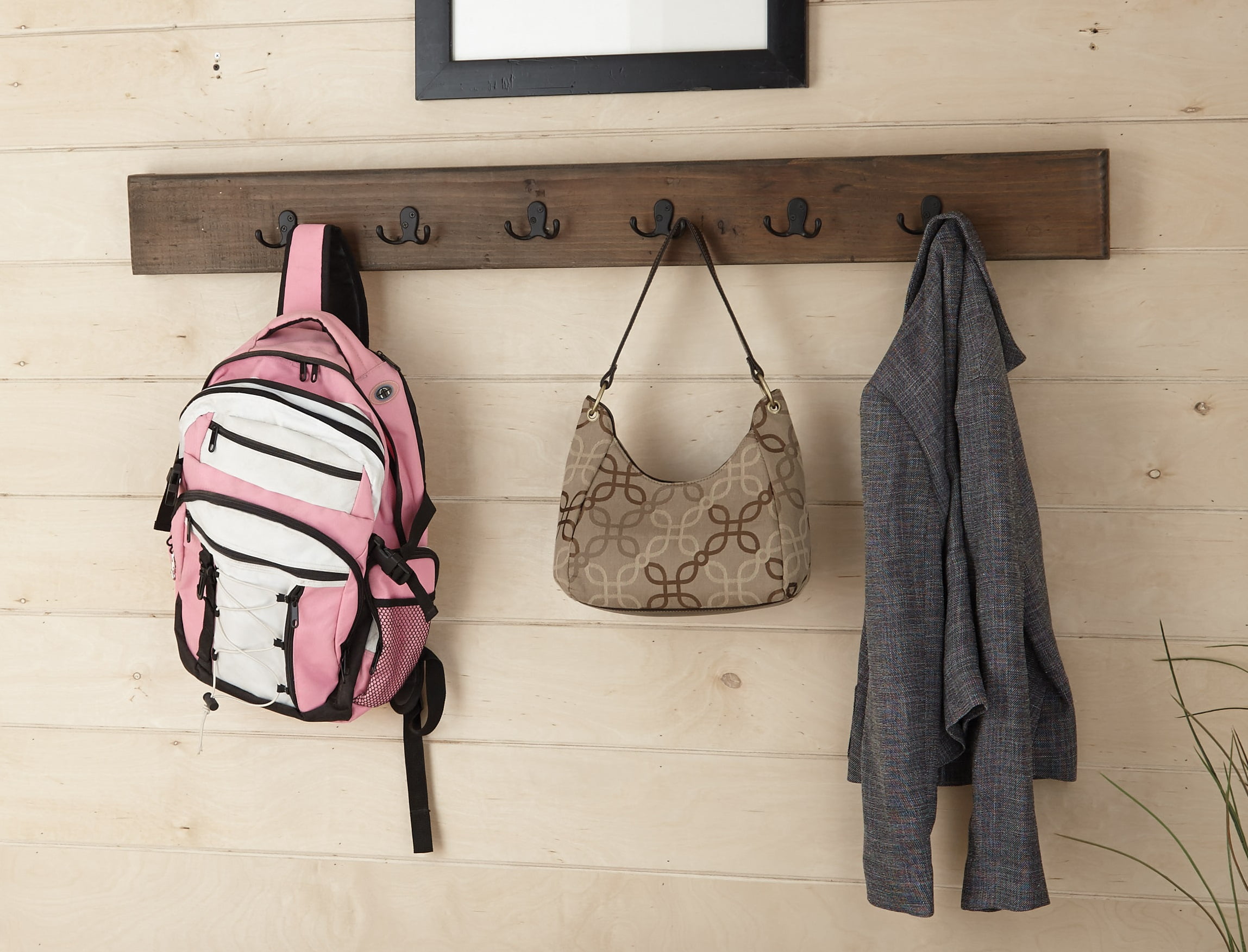 Alaterre Furniture Pomona 48 in Metal and Wood Wall Coat Hook, 6-Hook Entryway Hook, Slim Wooden Design for Tight Spaces, Brown