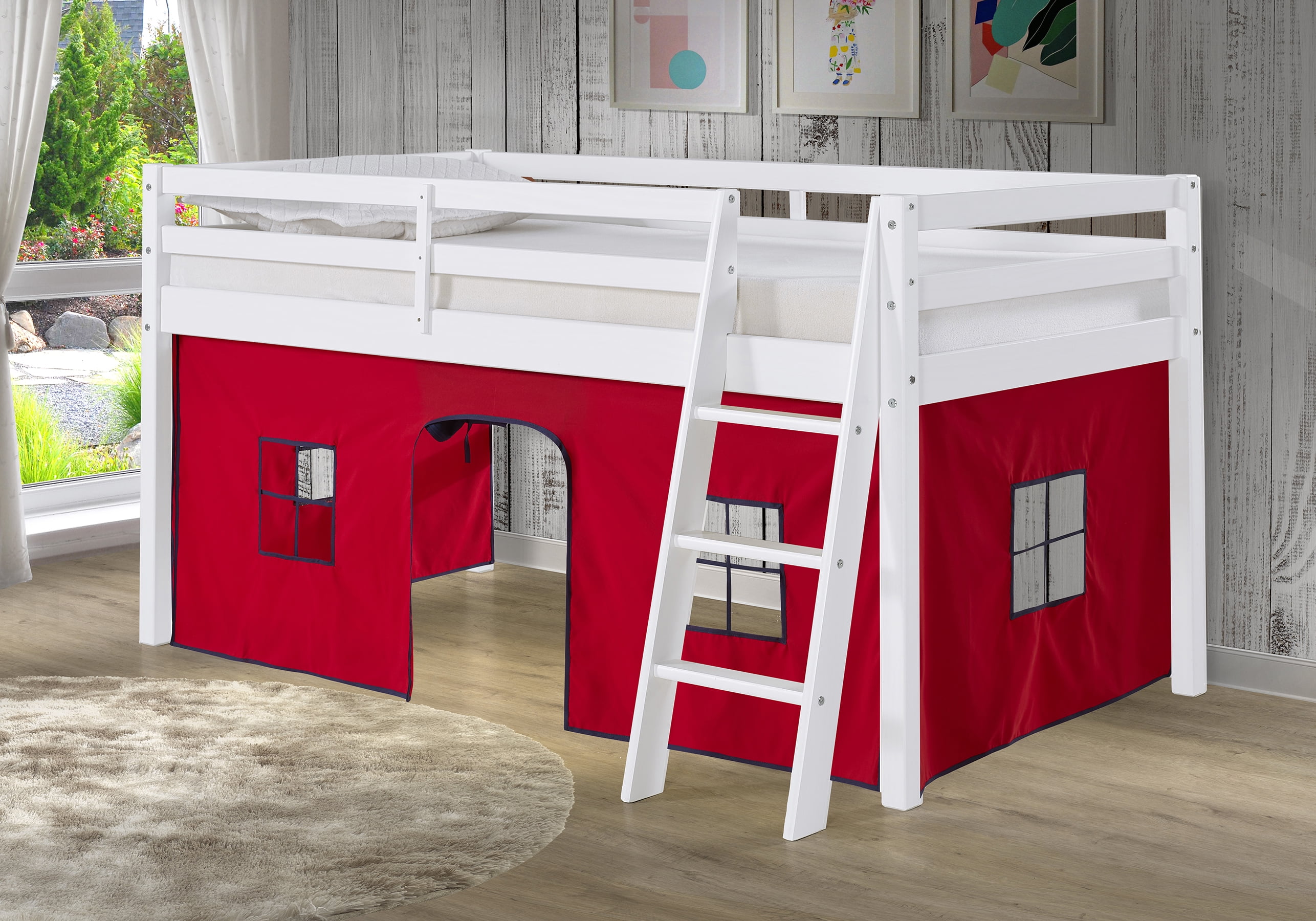 Alaterre Furniture Roxy Junior Kids White Loft Bed, Red with Blue Trim Tent