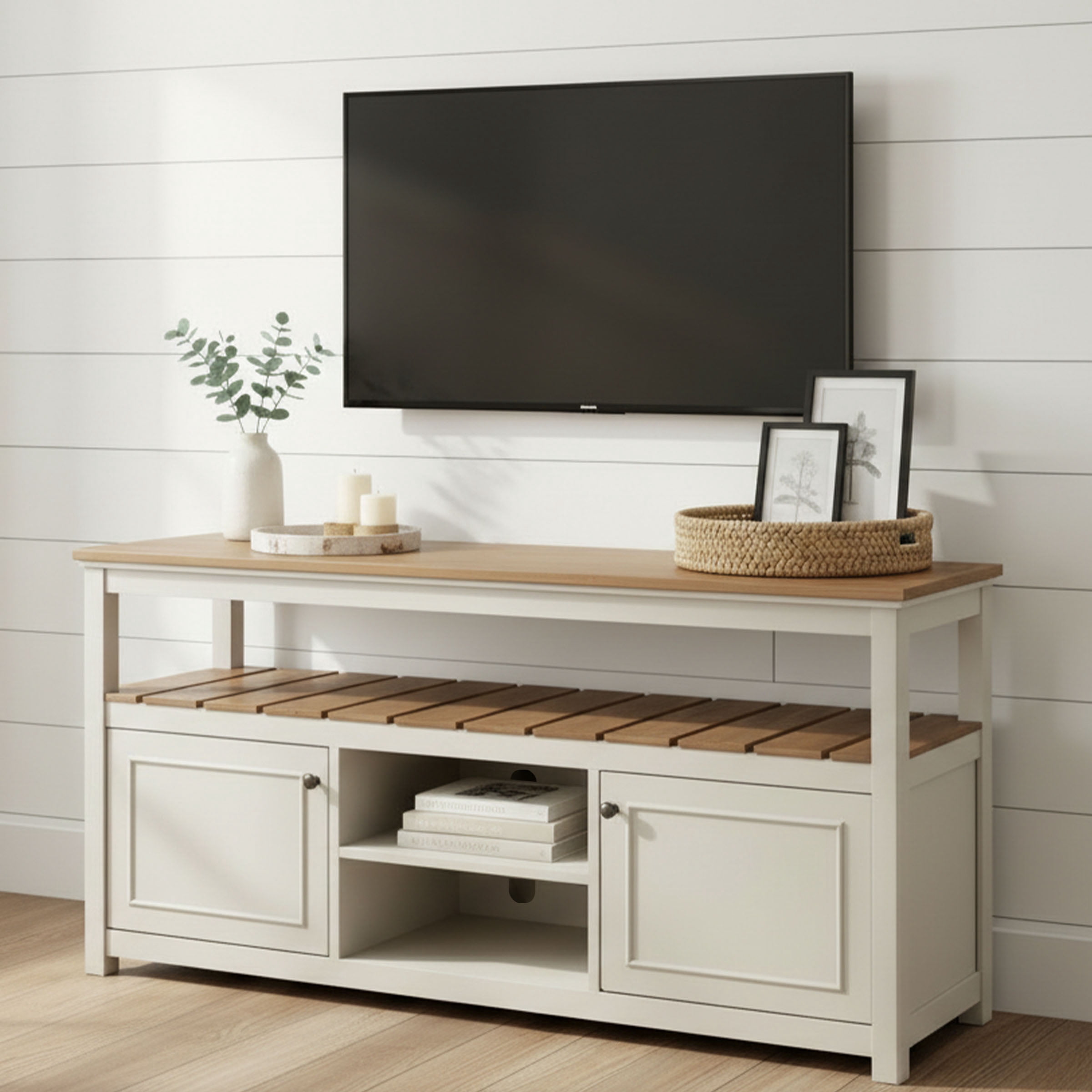 Alaterre Furniture Savannah TV Stand with Storage - Accommodates 60 Inch Flat Screen TVs - Entertainment Center - Coastal and Modern Farmhouse Living Room Furniture (Ivory)