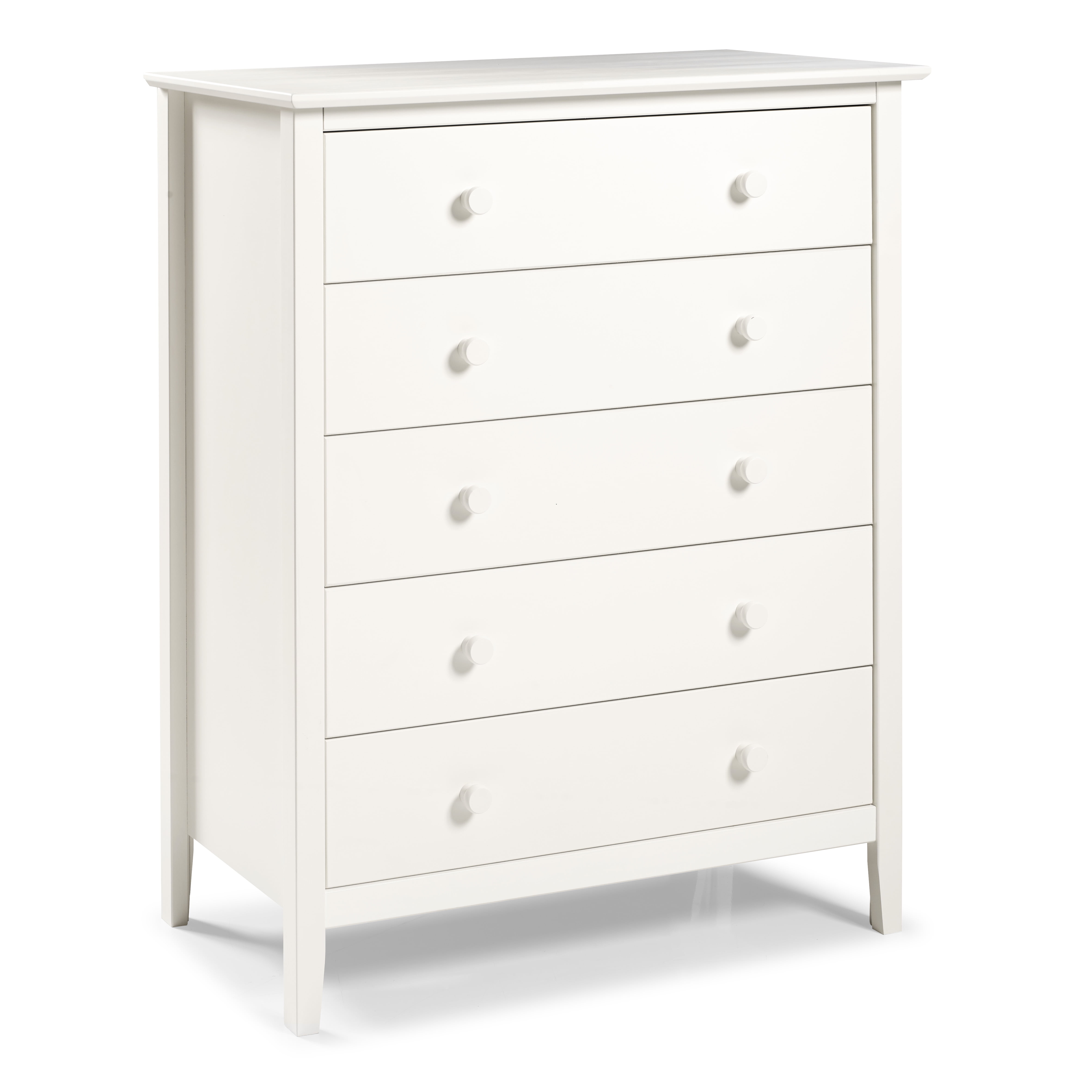 Alaterre Furniture Simplicity 5-Drawer Chest, Kids Bedroom Dresser, Anti-Tip Safety, Metal Glides, Wooden Knobs, Brazilian Pine and Veneers, White