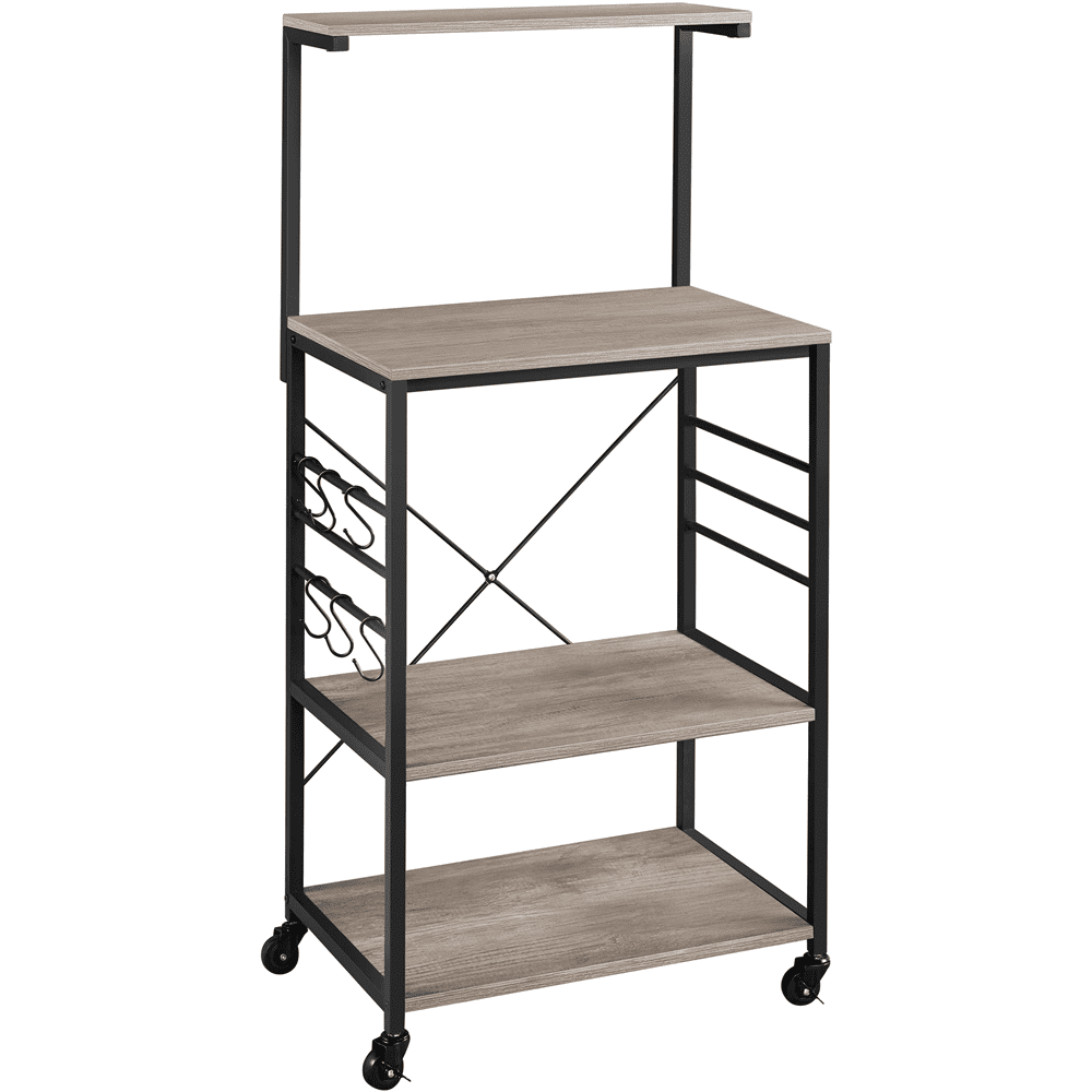 Alden Design Wooden Baker's Rack Storage Cart with Side Hooks for Kitchen, Gray