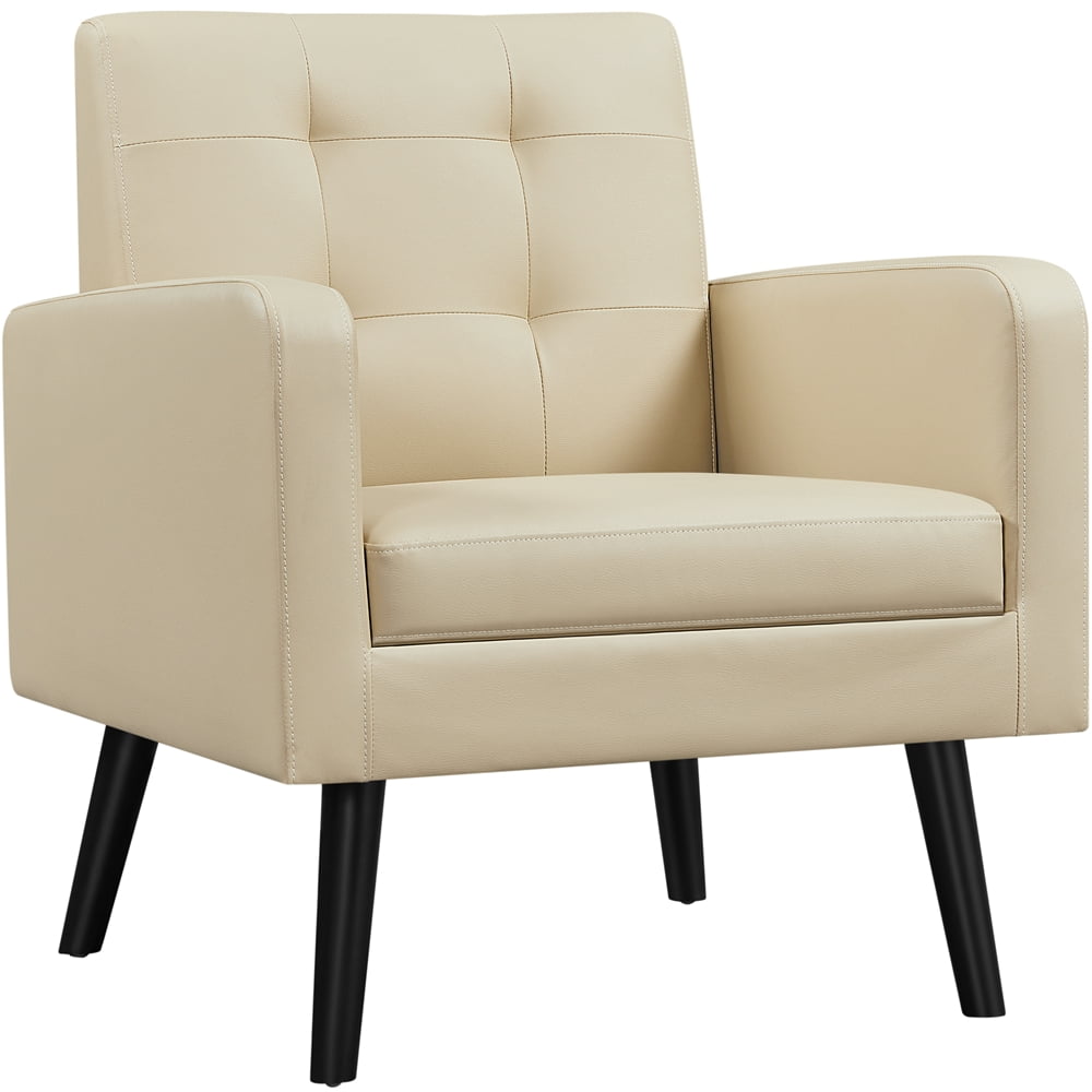Alden Design Mid Century Faux Leather Tufted Accent Chair for Living Room, Beige