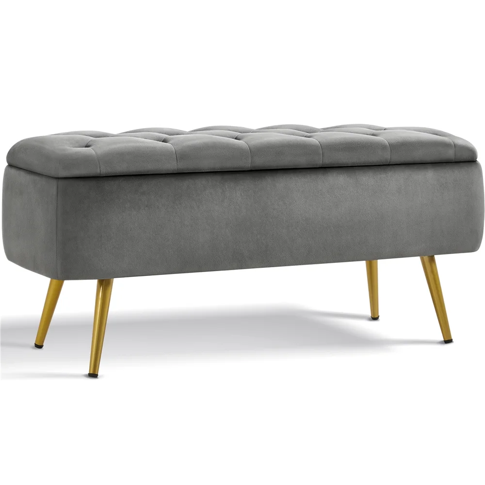 Alden Design Modern Velvet Upholstered Storage Bench with Metal Legs for Bedroom, Gray