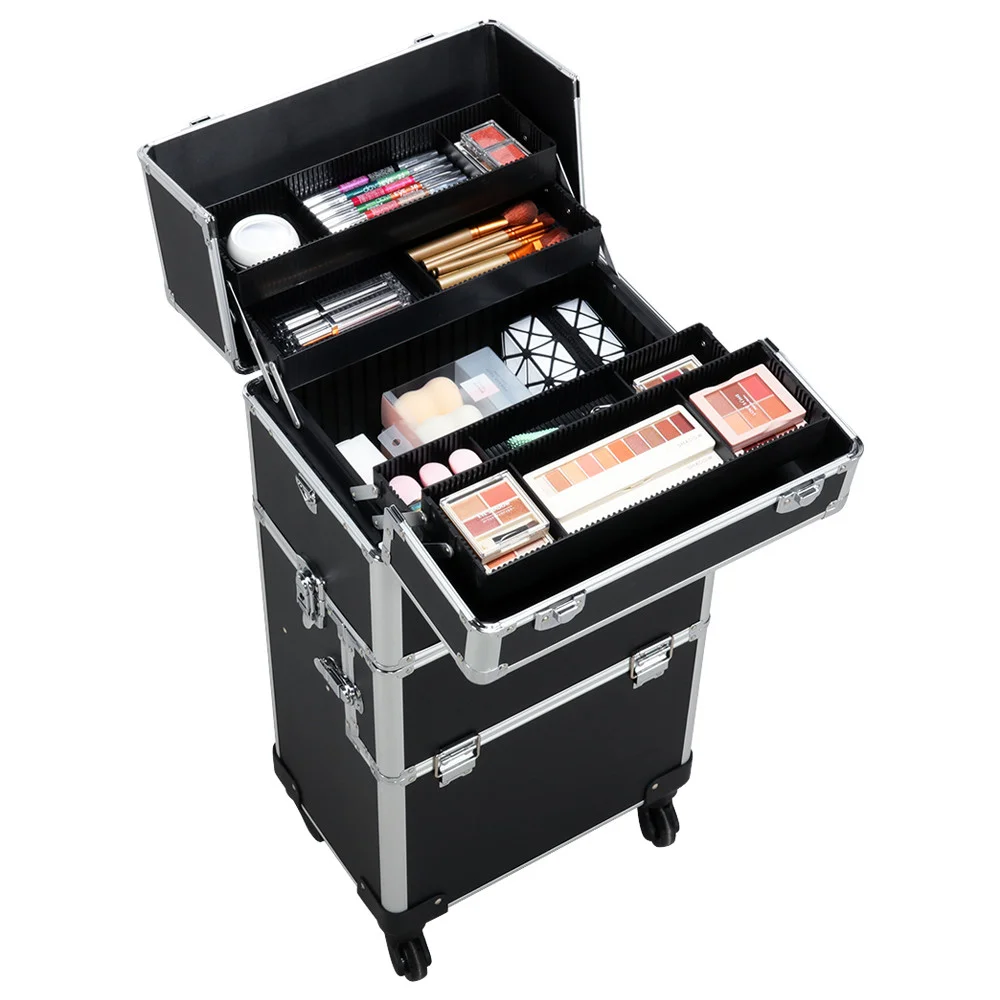 Alden Design Professional Makeup Case, 3 in 1 Portable Trolley, Black