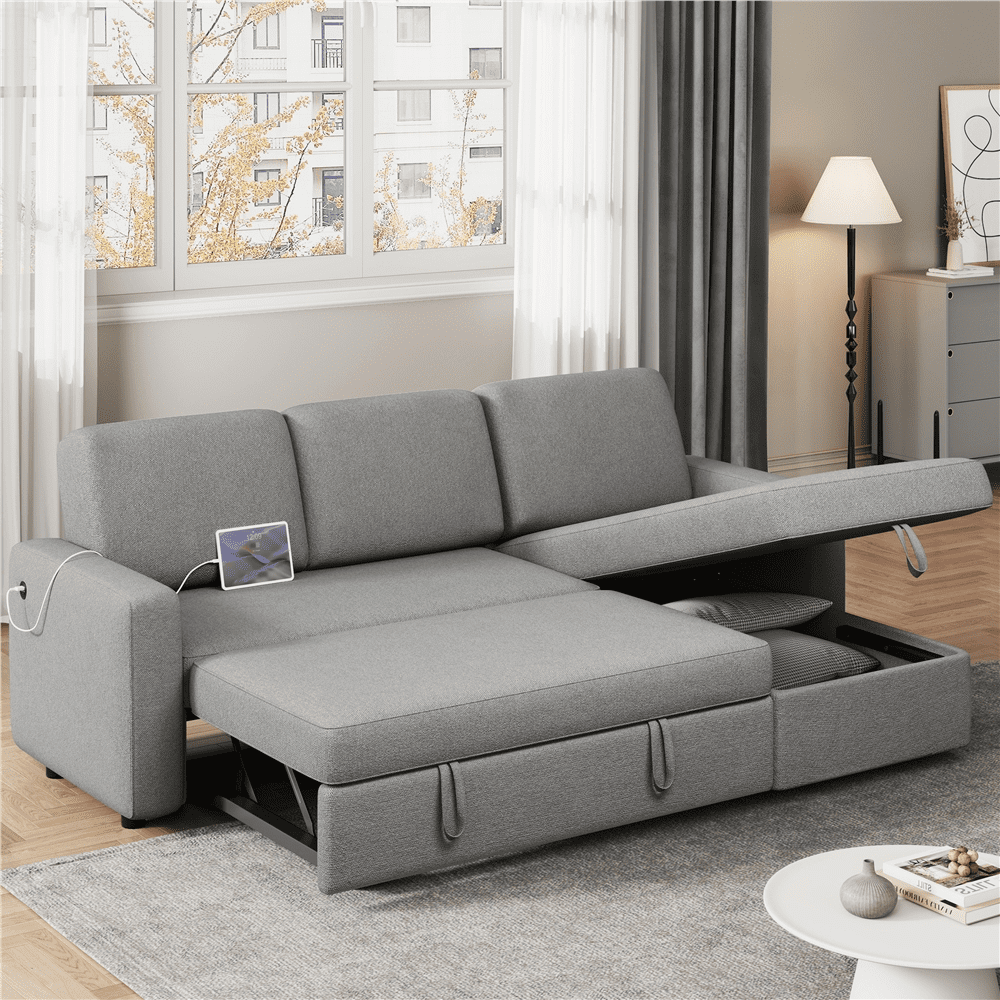 Alden Design Reversible Sectional Sofa with Storage Compartment & USB Ports for Livingroom, Light Gray