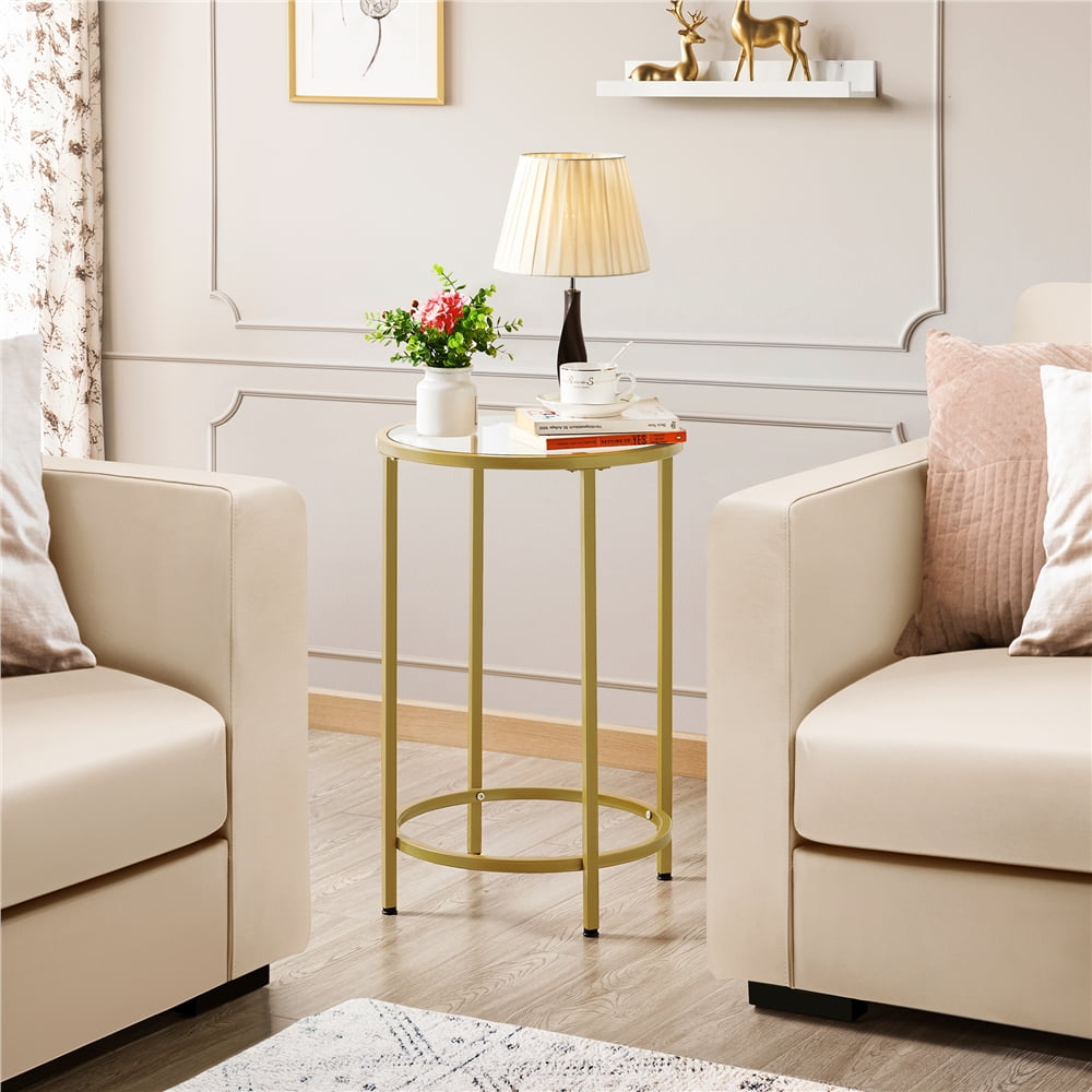 Alden Design Round Metal End Table with Glass Top for Livingroom, Gold