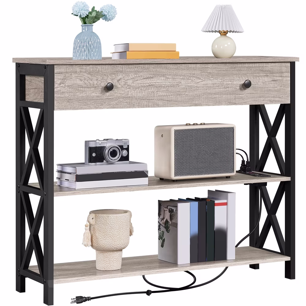 Alden Design Vintage Wooden Console Table with Power Outlet & 1 Drawer for Entryway, Gray