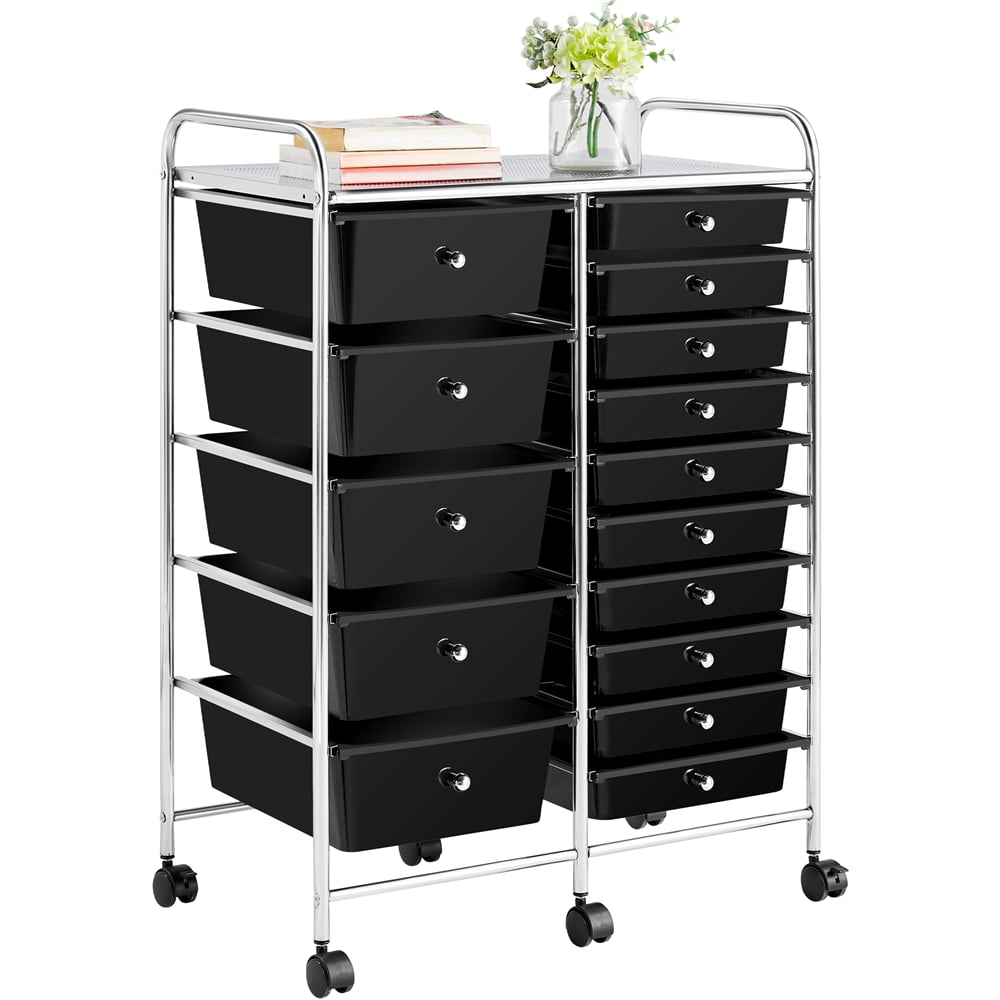 Alden Design 15 Drawers Metal Frame Storage Cart, with Lockable Wheels, Black