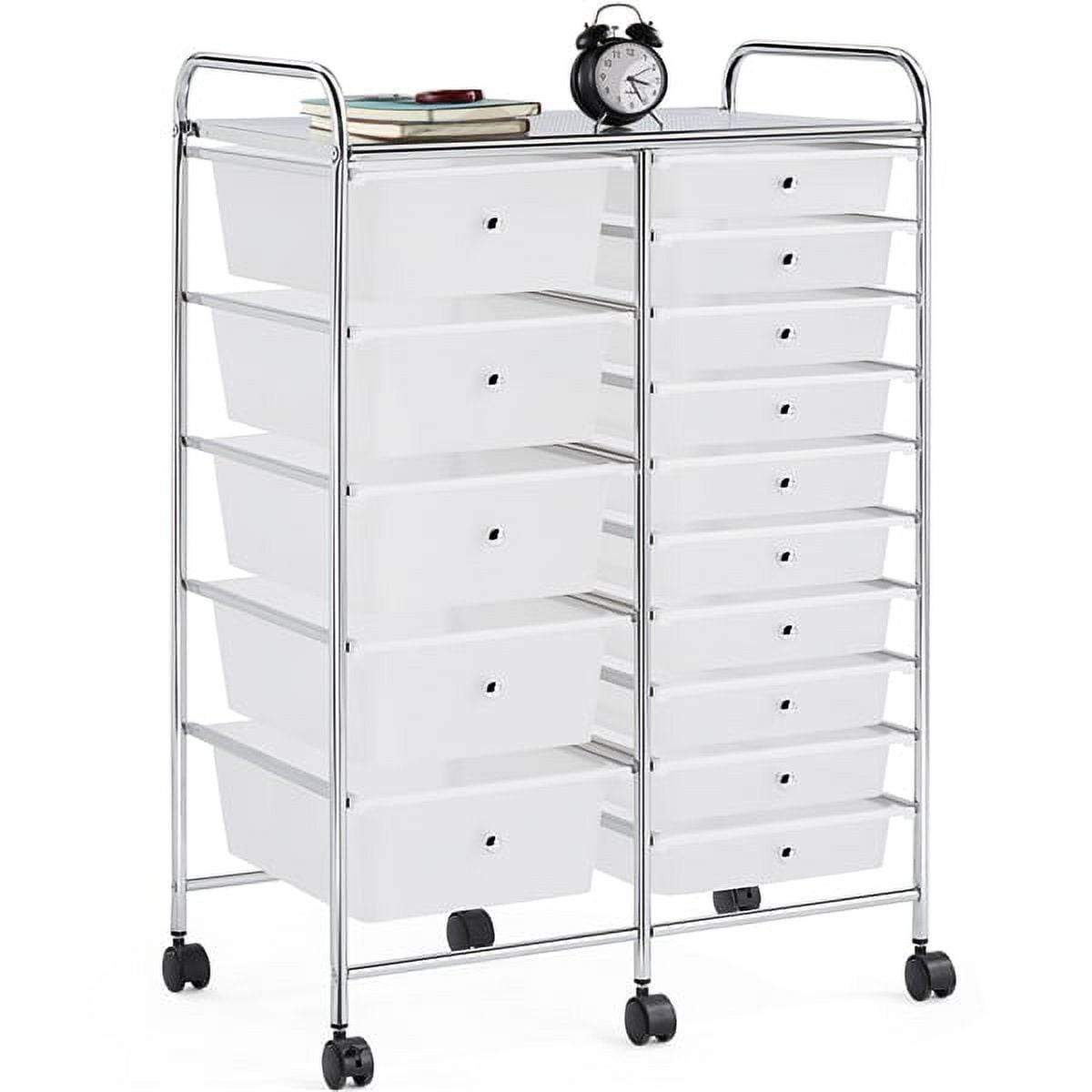 Alden Design 15 Drawers Rolling Storage Bin with Metal Frame & Lockable Wheels, White