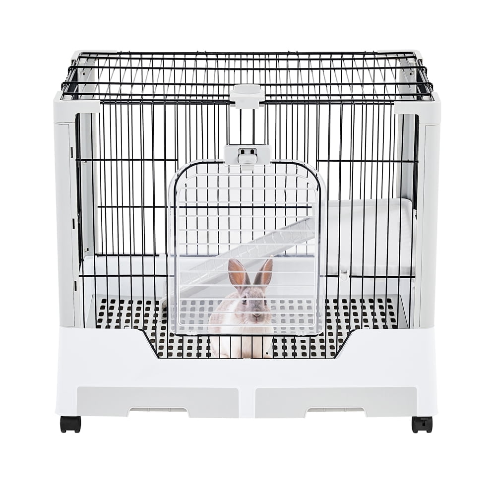 Alden Design 2 Level Rolling Wheel Rabbit Cage Small Animal Cage Habitat Platform and Ramp Indoor