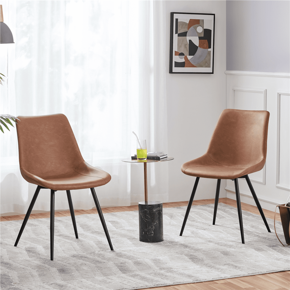 Alden Design 2PCS Faux Leather Dining Chairs with Metal Legs for Dining Room, Brown