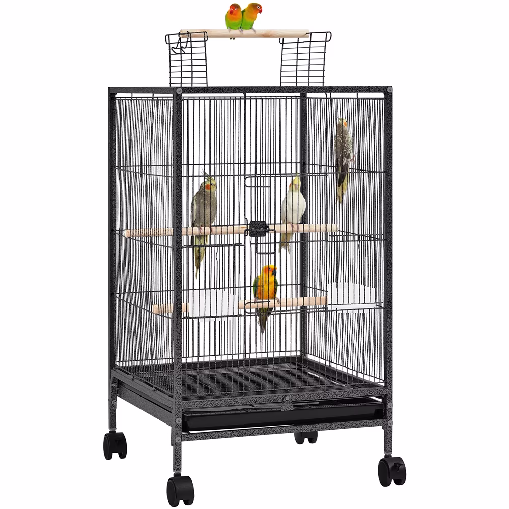 Alden Design 31″ H Wrought Iron Bird Cage with Rolling Stand & Open-top for Parrot, Black