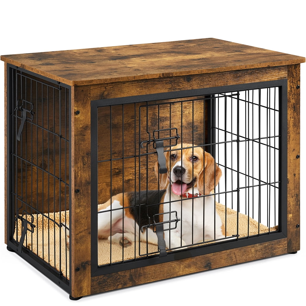 Alden Design 32″ Dog Crate Furniture with Anti-skid Plush Mat for Medium Dog, Rustic Brown