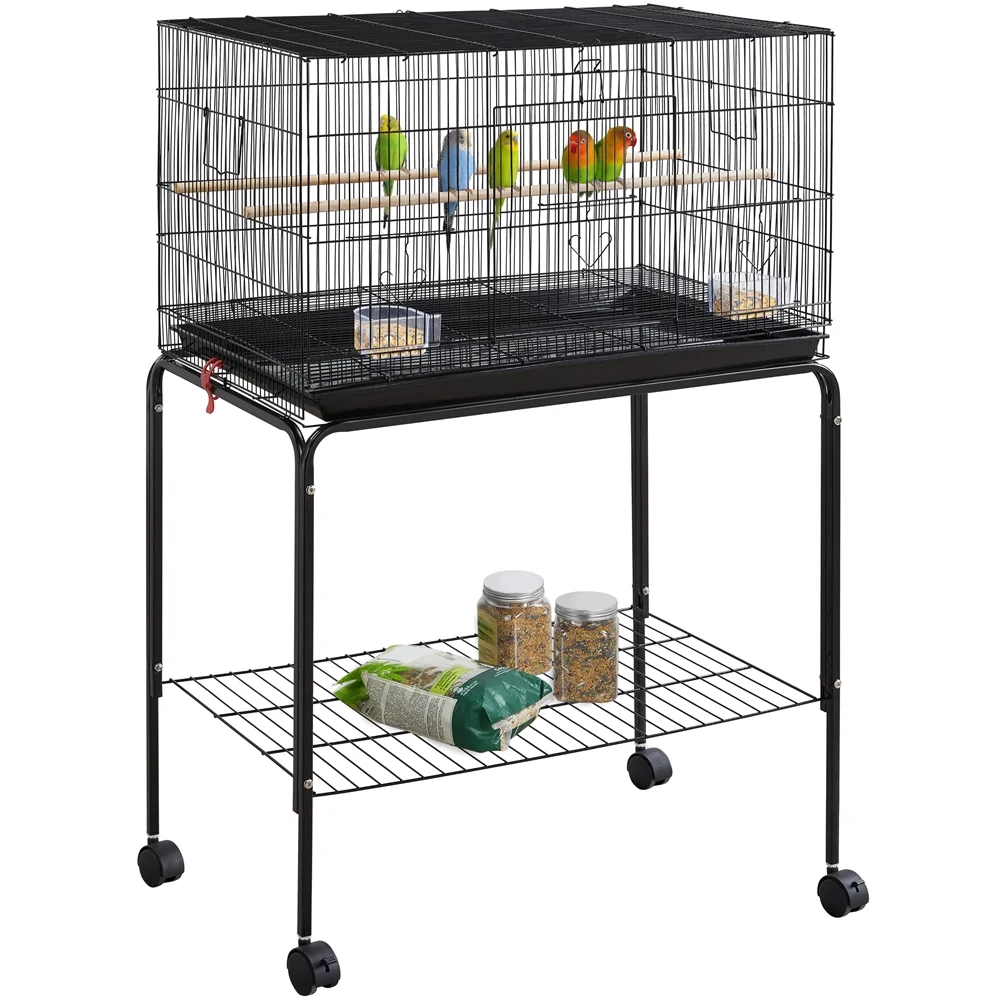 Alden Design 47" Metal Bird Cage with Slide-Out Tray and Rolling Stand, Black