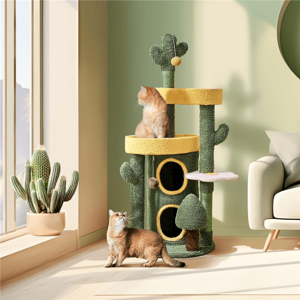 Alden Design 48.5″ H Oasis-themed Cat Tree Tower with 2 Condos & 3 Perches, Green/Yellow