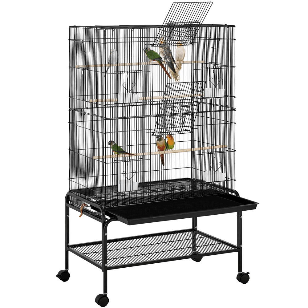 Alden Design 53″ H Rolling Metal Parrot Birdcage with 3 Perches & 4 Feeders, Black