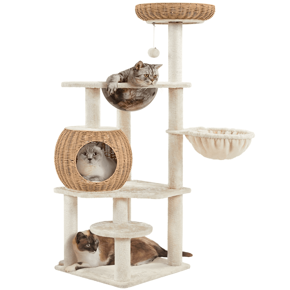 Alden Design 54″ Tall Rattan Cat Tree with Soft Cushion Clear Bowl for Small/Medium Cats, Beige