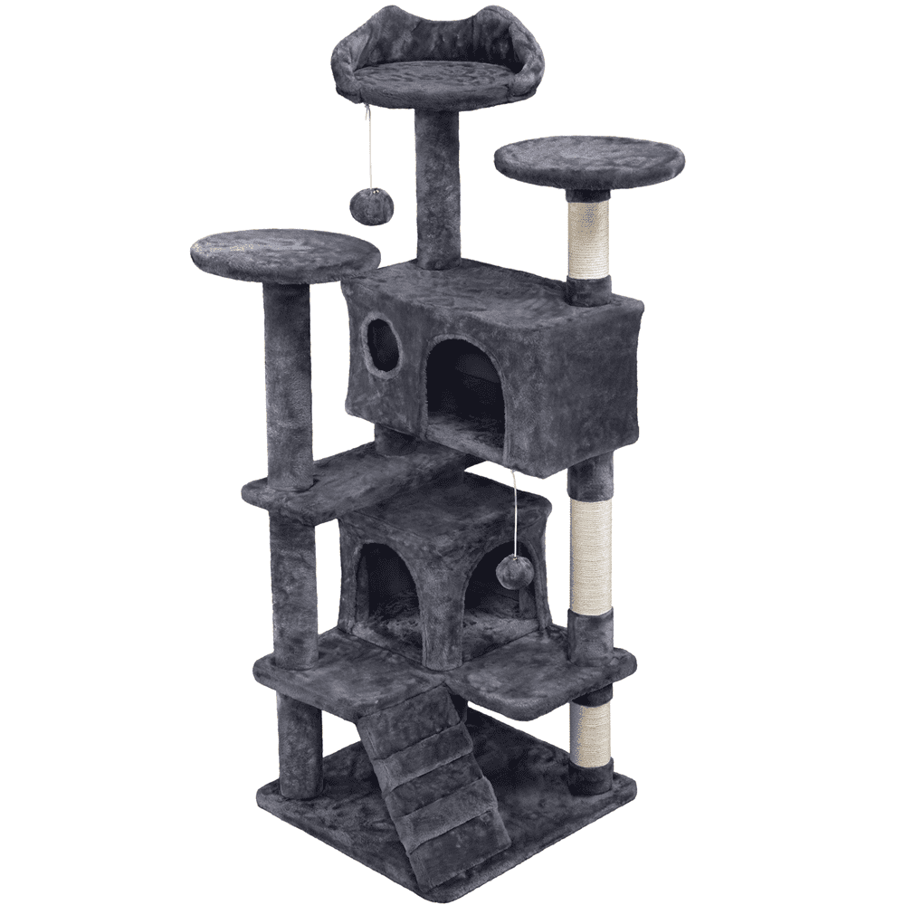 Alden Design 54.5" H Double Condo Cat Tree with Scratching Post Tower, Dark Gray