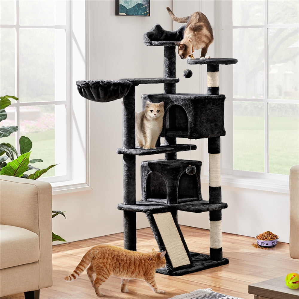 Alden Design 57"H Double Condo Cat Tree with Scratching Tower for Indoor Cats, Black