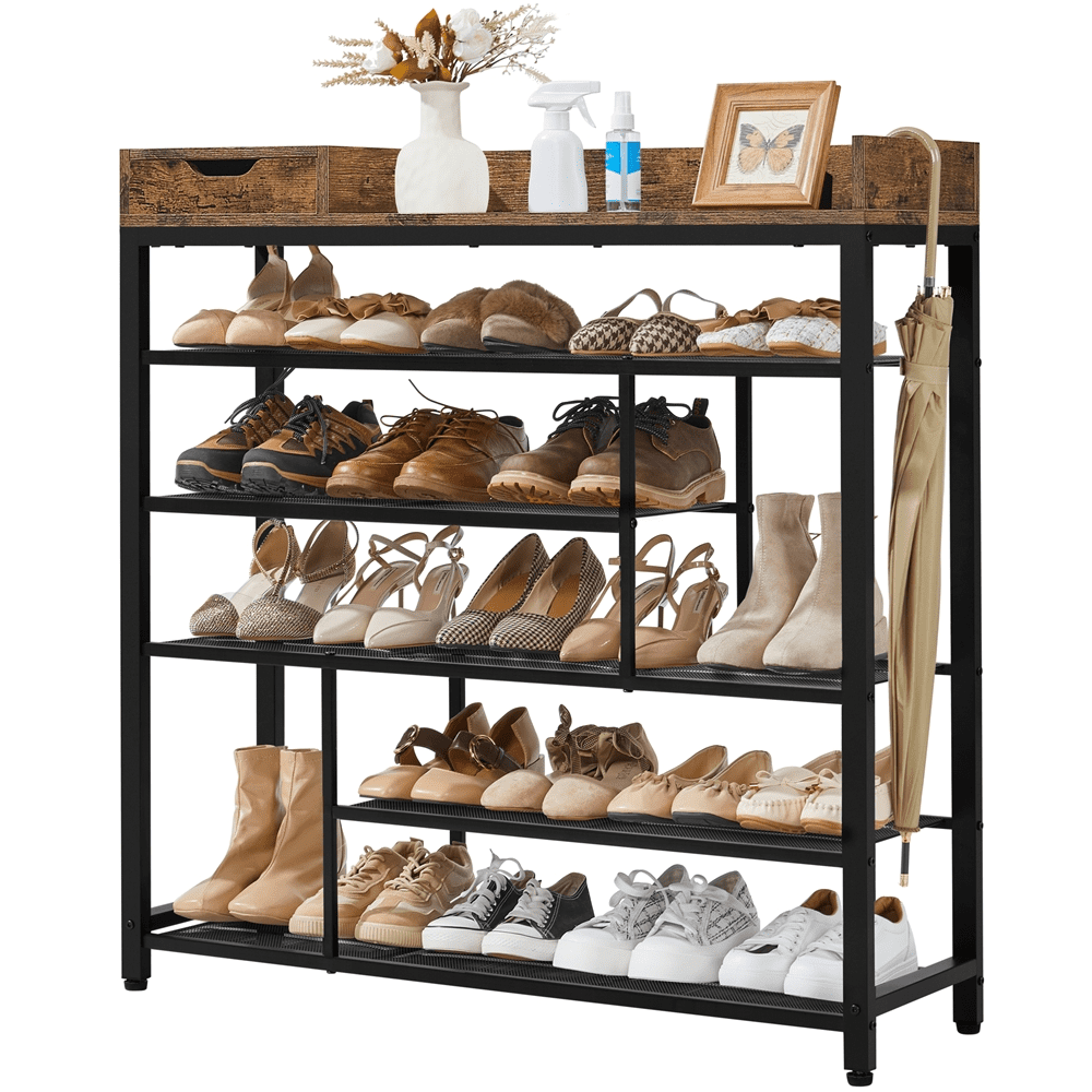 Alden Design 6-Tier Metal Shoes Rack Organizer with Wooden Top for Entryway, Rustic Brown