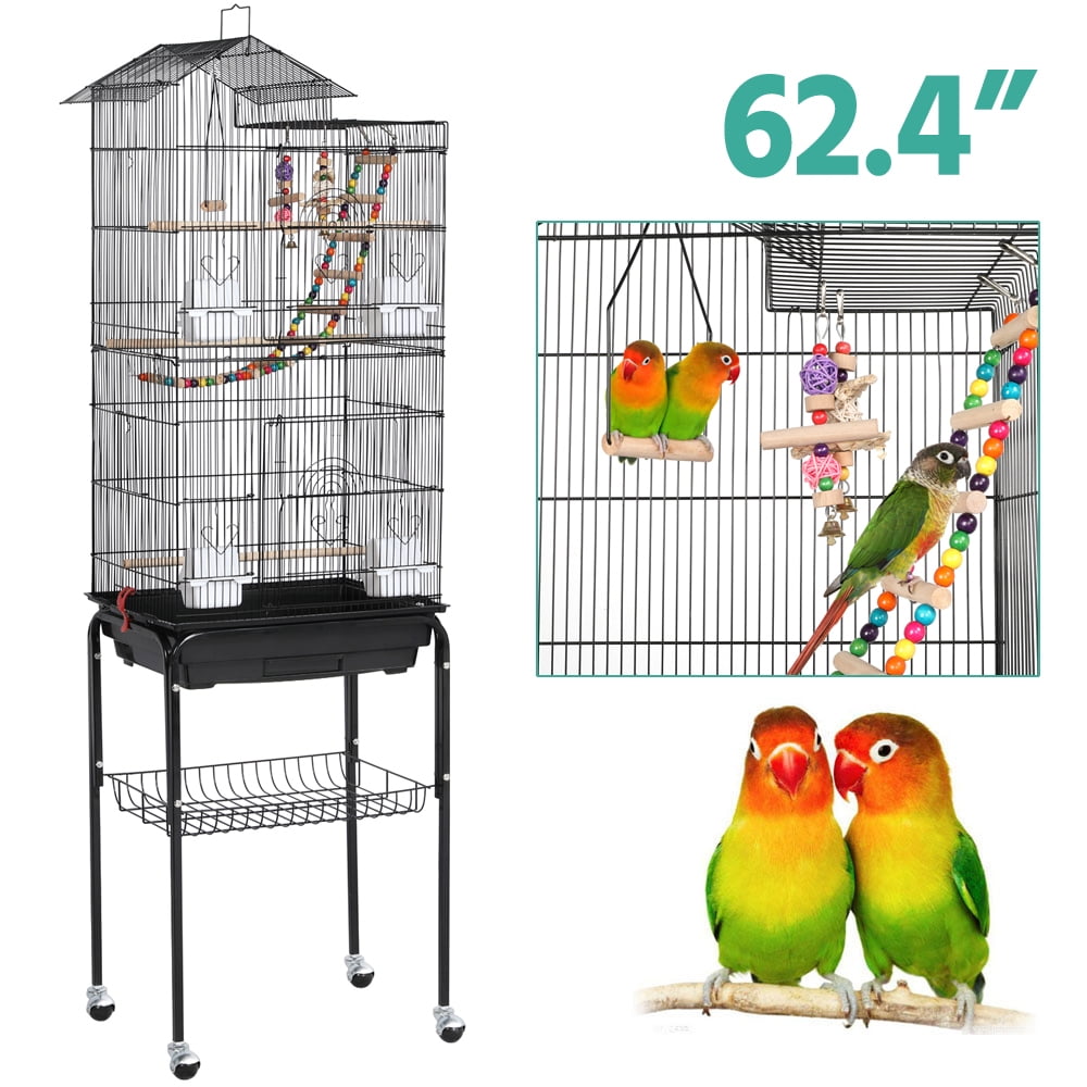 Alden Design 62.4"H Metal Rolling Mid-Size Bird Cage with Detachable Stand, Black