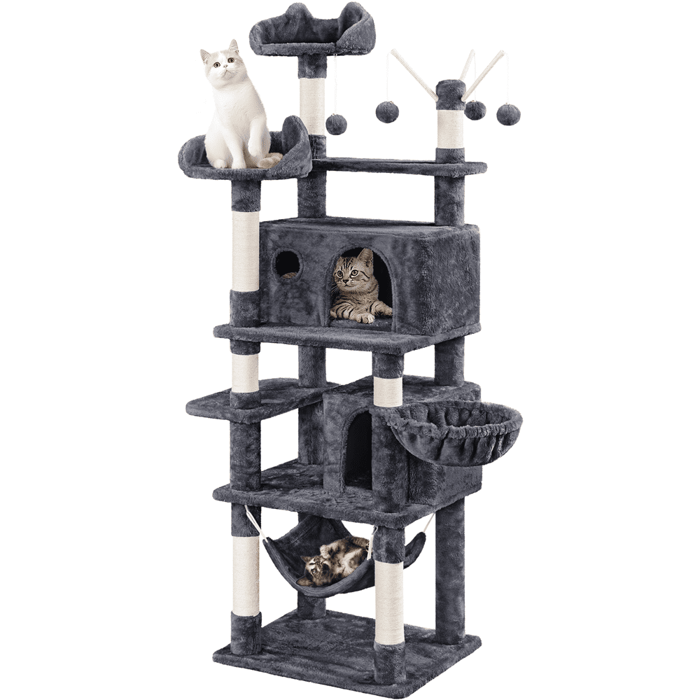 Alden Design 67" H Multi-Level Cat Tree Tower with 2 Cat Condos & Hammock Basket, Dark Gray