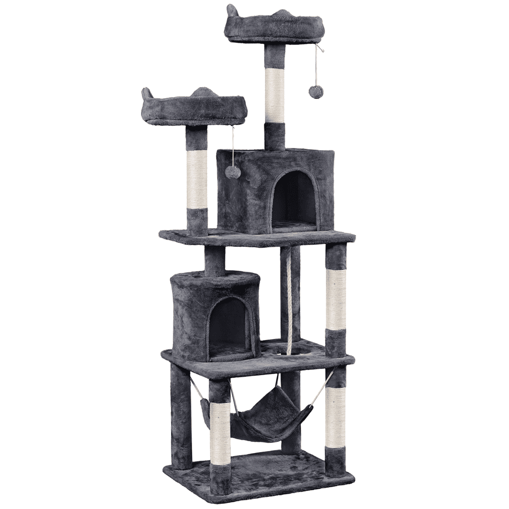 Alden Design 70″H Multi Level Cat Tower Tree with 2 Condos & 2 Foam-Padded Perches for Medium/Large Cats, Light Gray