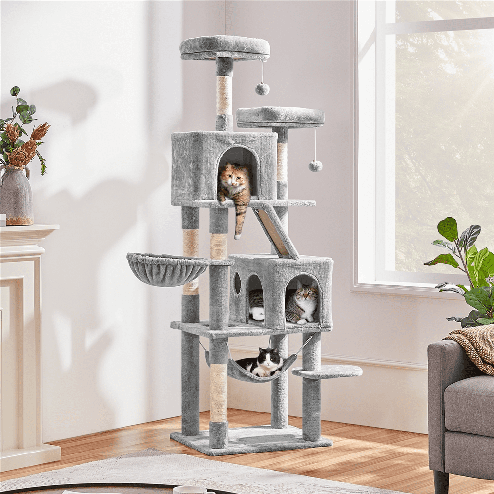 Alden Design 71.5″ H Multi-Level Large Cat Tree with 2 Cozy Perches and 2 Condos, Light Gray