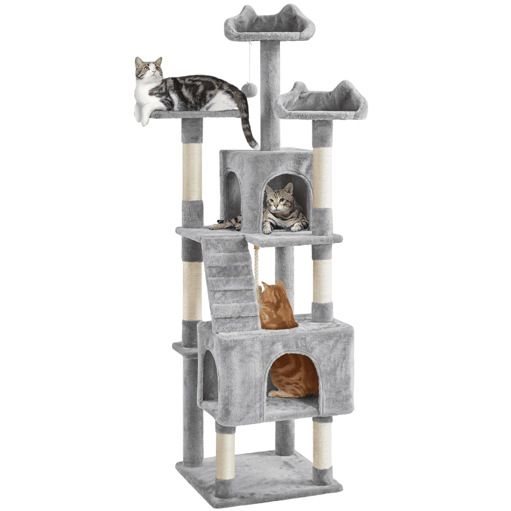 Alden Design 72″ H Multi-Level Large Cat Tree with 2 Cozy Perches for Medium Cats, Light Gray
