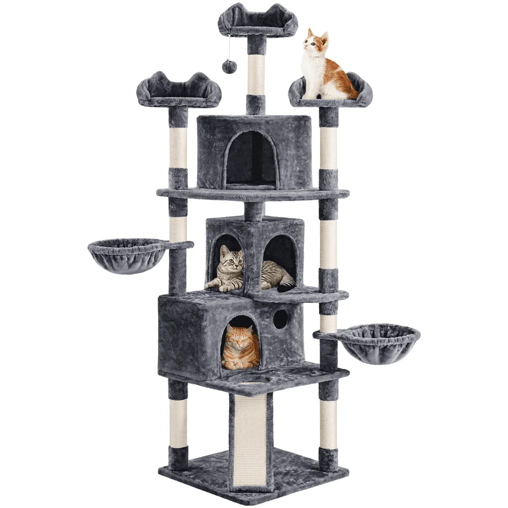 Alden Design 76.5" H Large Cat Tree Tower with 3 Condos Cozy Perches Dangling Ball, Dark Gray