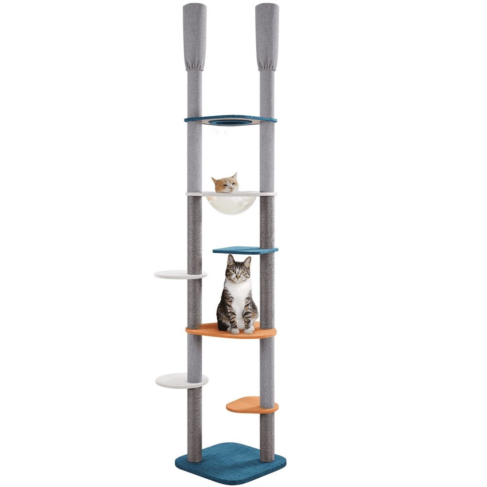 Alden Design 8-8.6ft Floor-to-Ceiling Cat Tree with Clear Cat Bed & 6 Scratching Posts, Blue/Orange