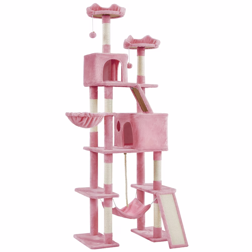 Alden Design 82.5" H Multi Level Cat Tree with 2 Cozy Condos and Basket, Pink