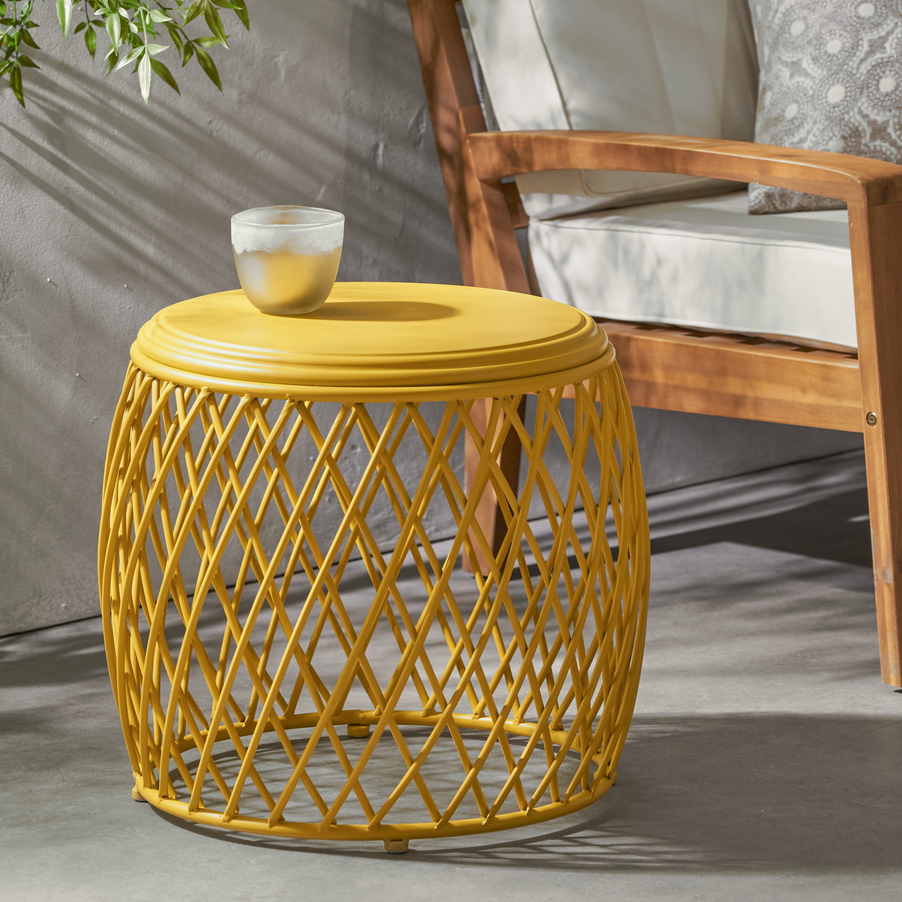 Alejandro Outdoor 19 Inch Diameter Lattice Iron Side Table,Yellow