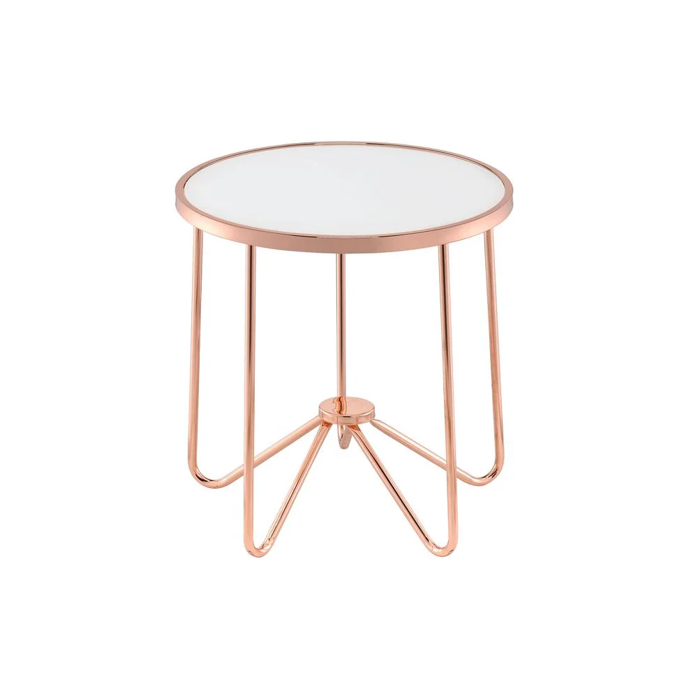 ACME Alivia Round Glass Top End Table in Frosted Glass and Rose Gold