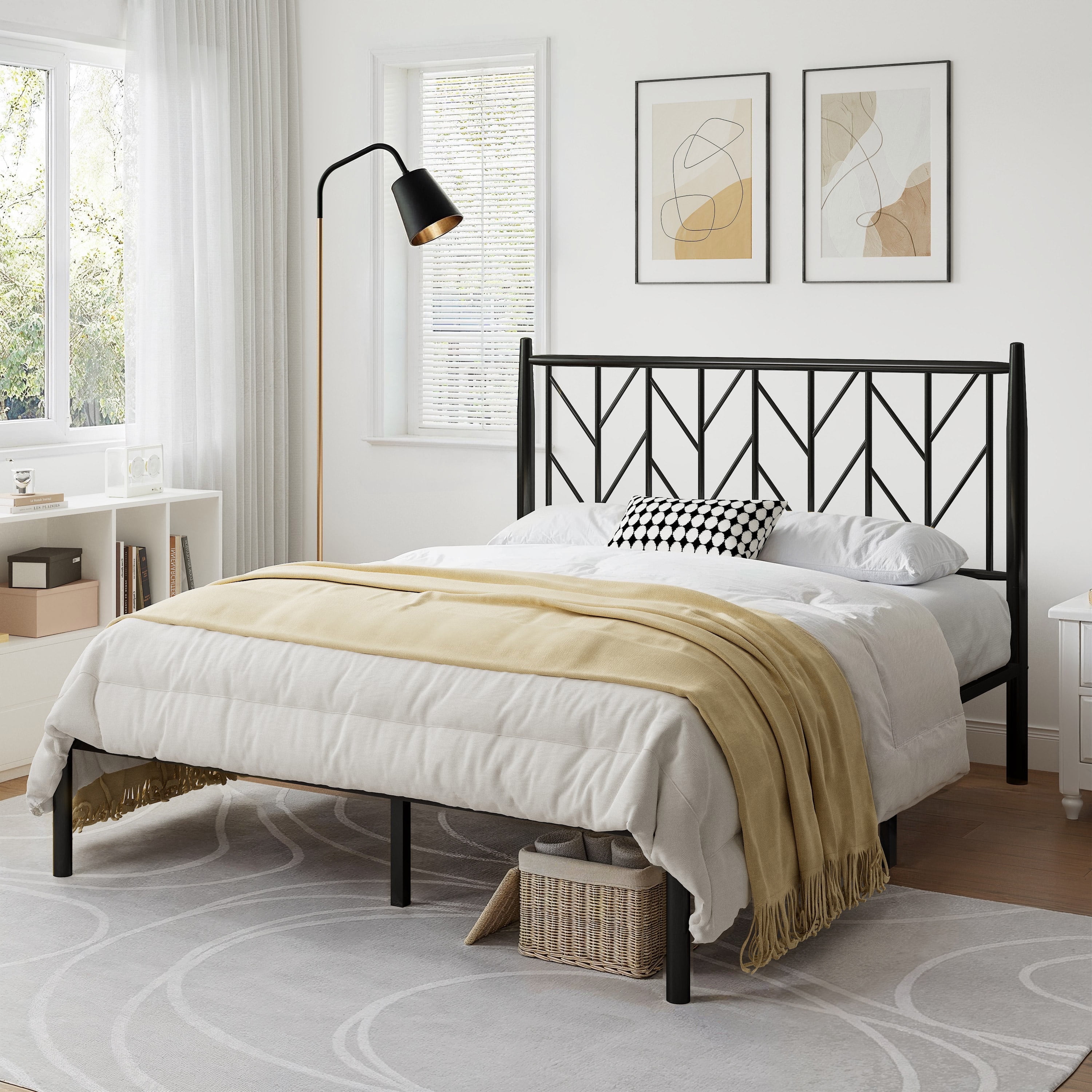 Allewie Black Queen Size Modern Metal Platform Bed Frame with Vintage Headboard and 12" Under-bed Storage