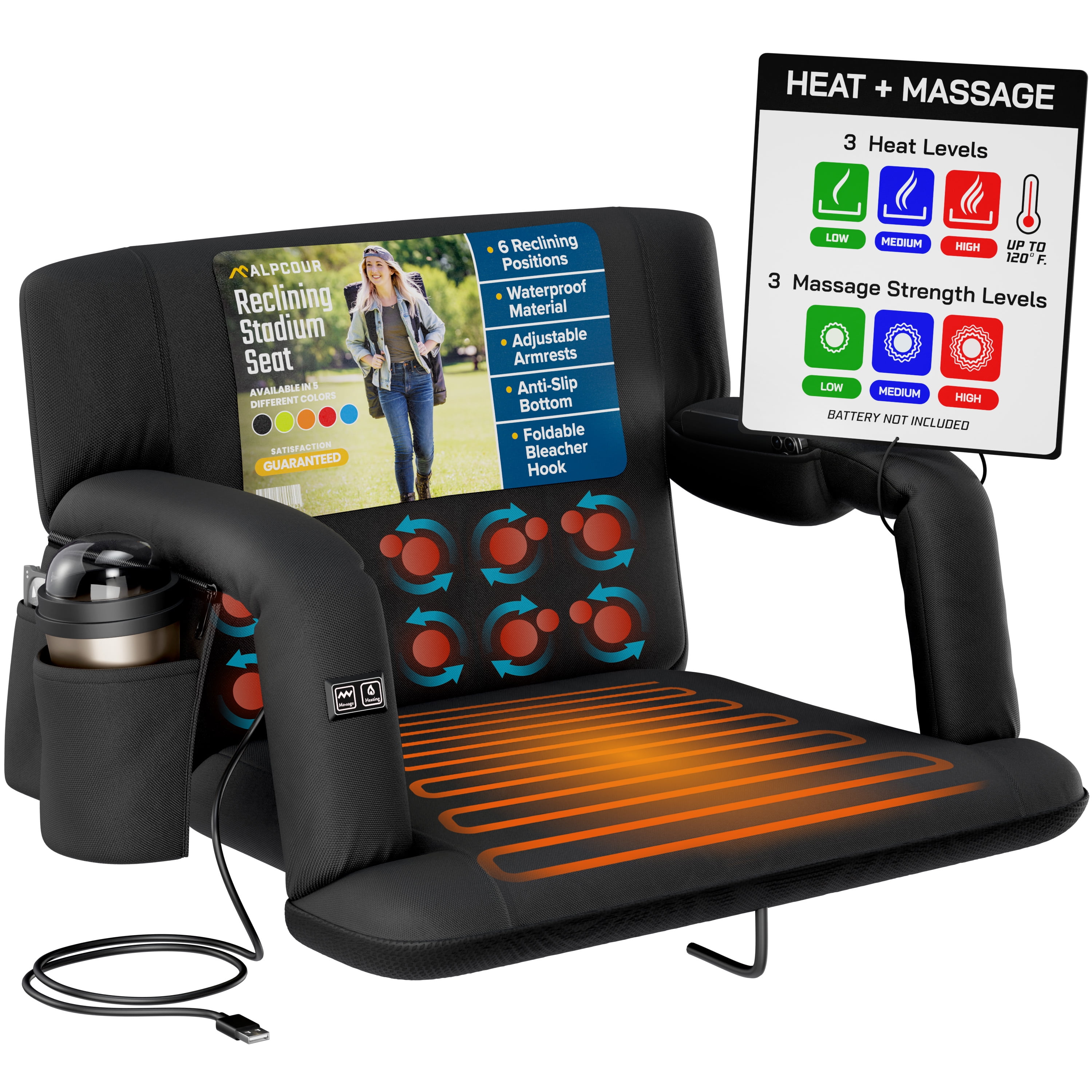 Alpcour Heated Massage Reclining Stadium Seat - Extra Thick Waterproof Portable Chair with Wide Back Support - Black