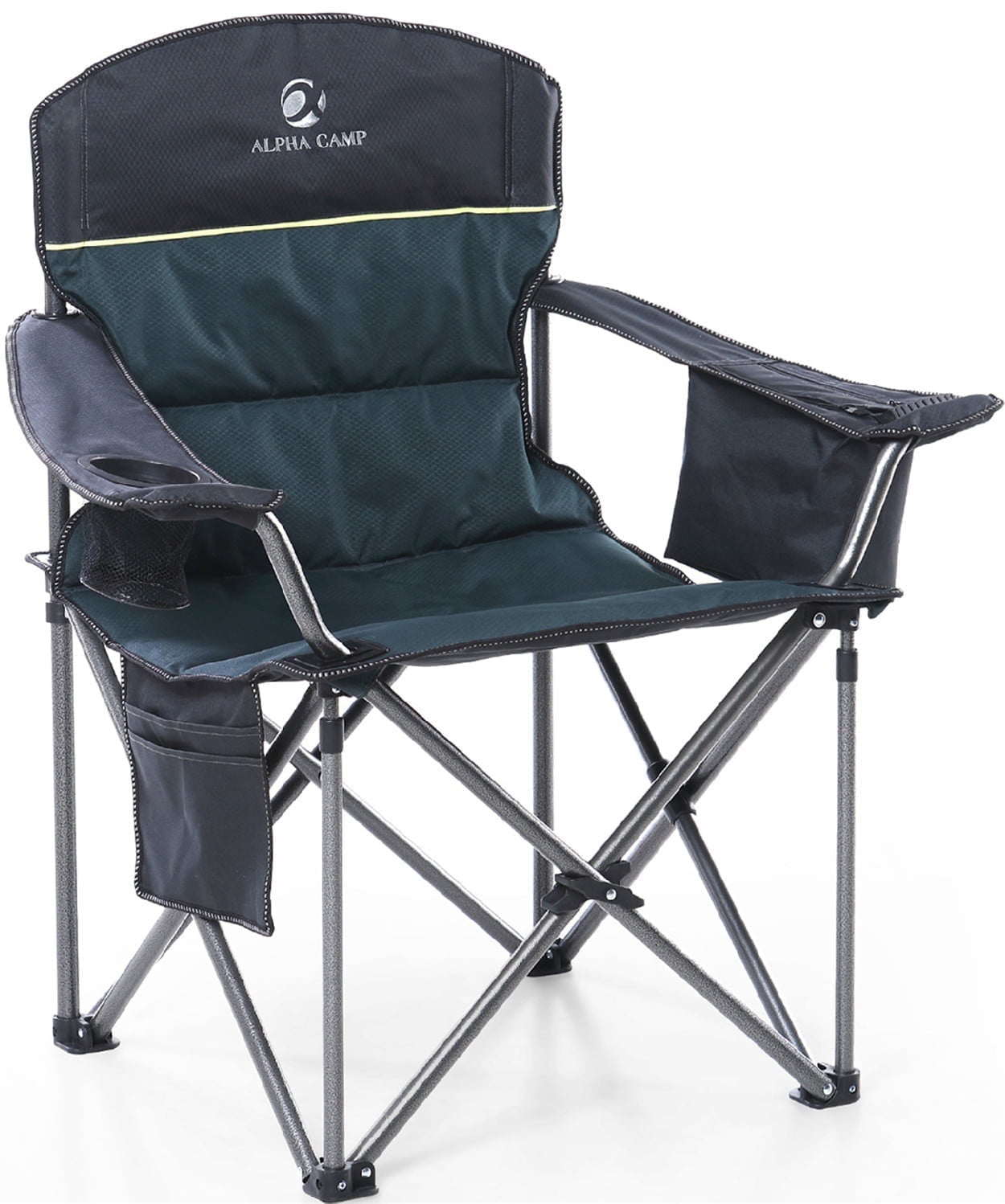 Alpha Joy Oversized Camping Chair Portable Padded Quad Chair Heavy Duty Lawn Chair Steel Frame Arm Chair with Cooler 450LBS Weight Capacity Suitable for Outdoor Camping, Green,Adult