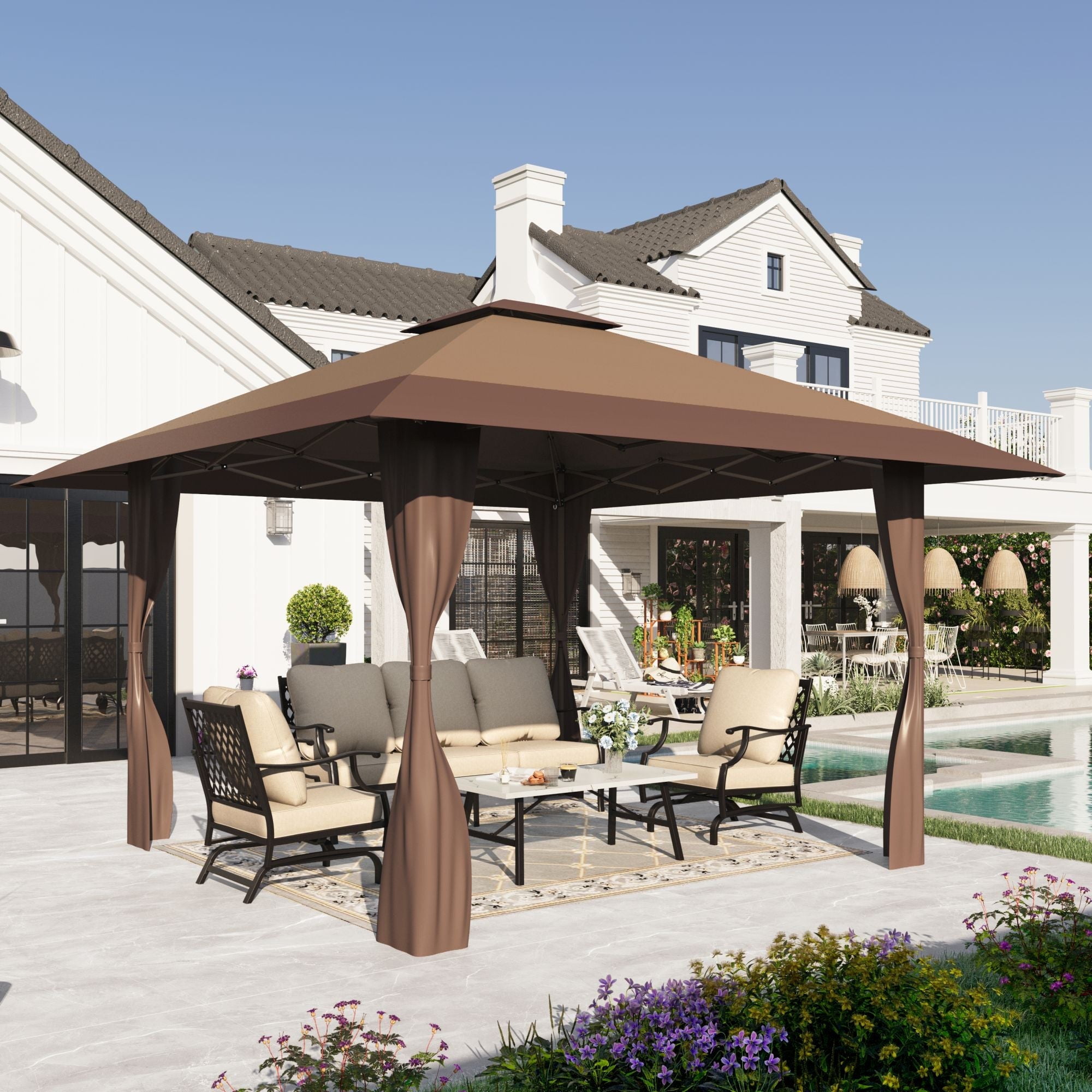 Alpha Joy 13x13 Pop up Canopy Tent Instant Ez up Shade Shelter with 3-Height Adjustable & Carry Bag for Outdoor Events, Camping & Bbqs, Brown